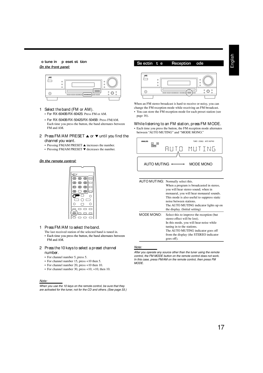 JVC RX-6042S, RX-6040B, RX-5040B manual Selecting the FM Reception Mode 