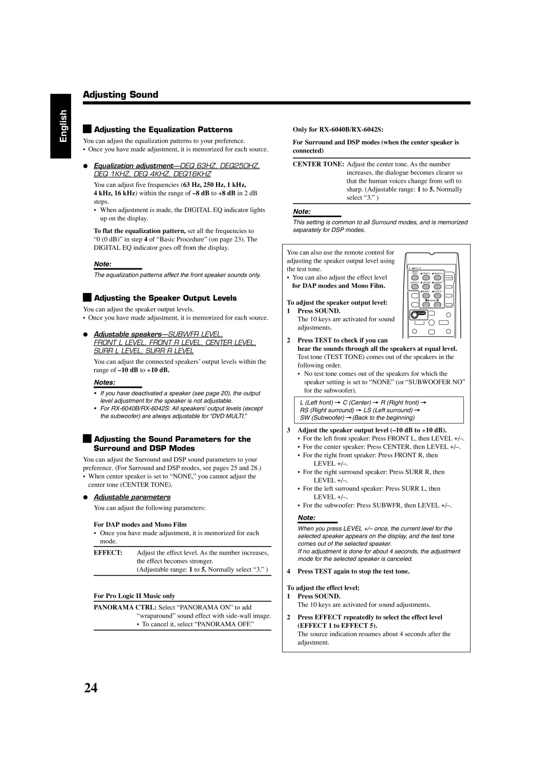 JVC RX-6040B, RX-6042S, RX-5040B manual Adjusting Sound 