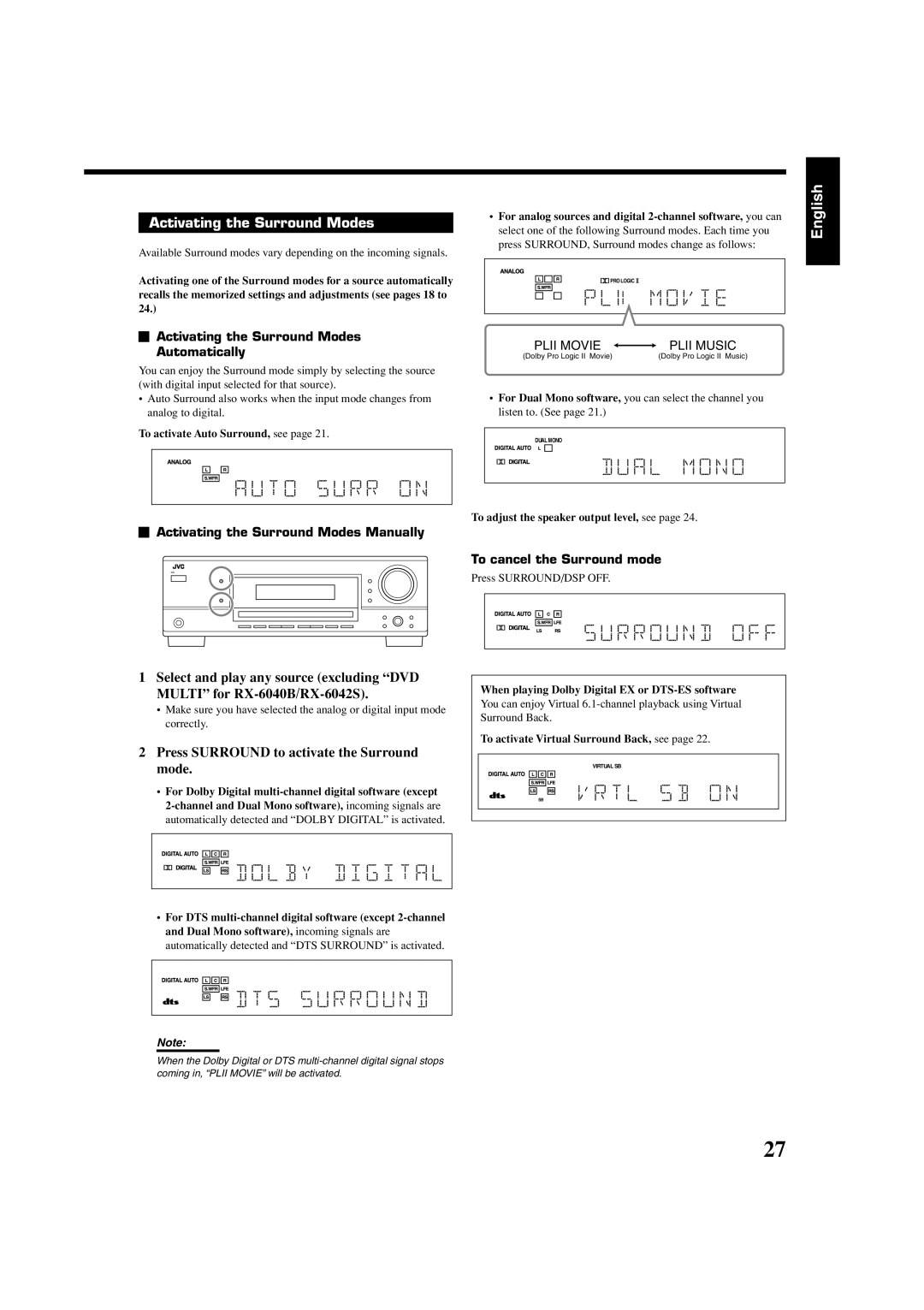 JVC RX-6040B, RX-6042S, RX-5040B manual Activating the Surround Modes 