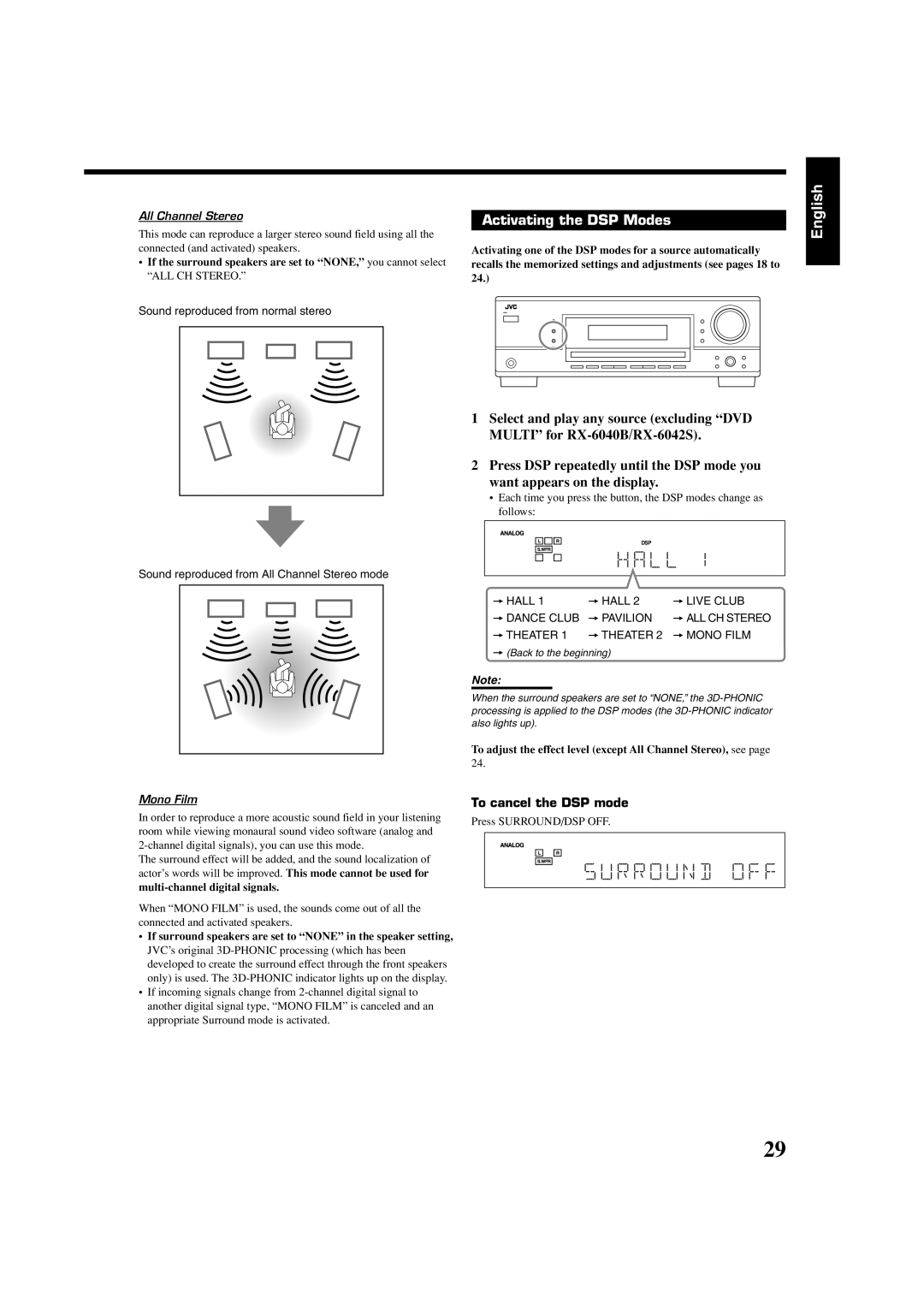 JVC RX-6042S, RX-6040B, RX-5040B manual Activating the DSP Modes 