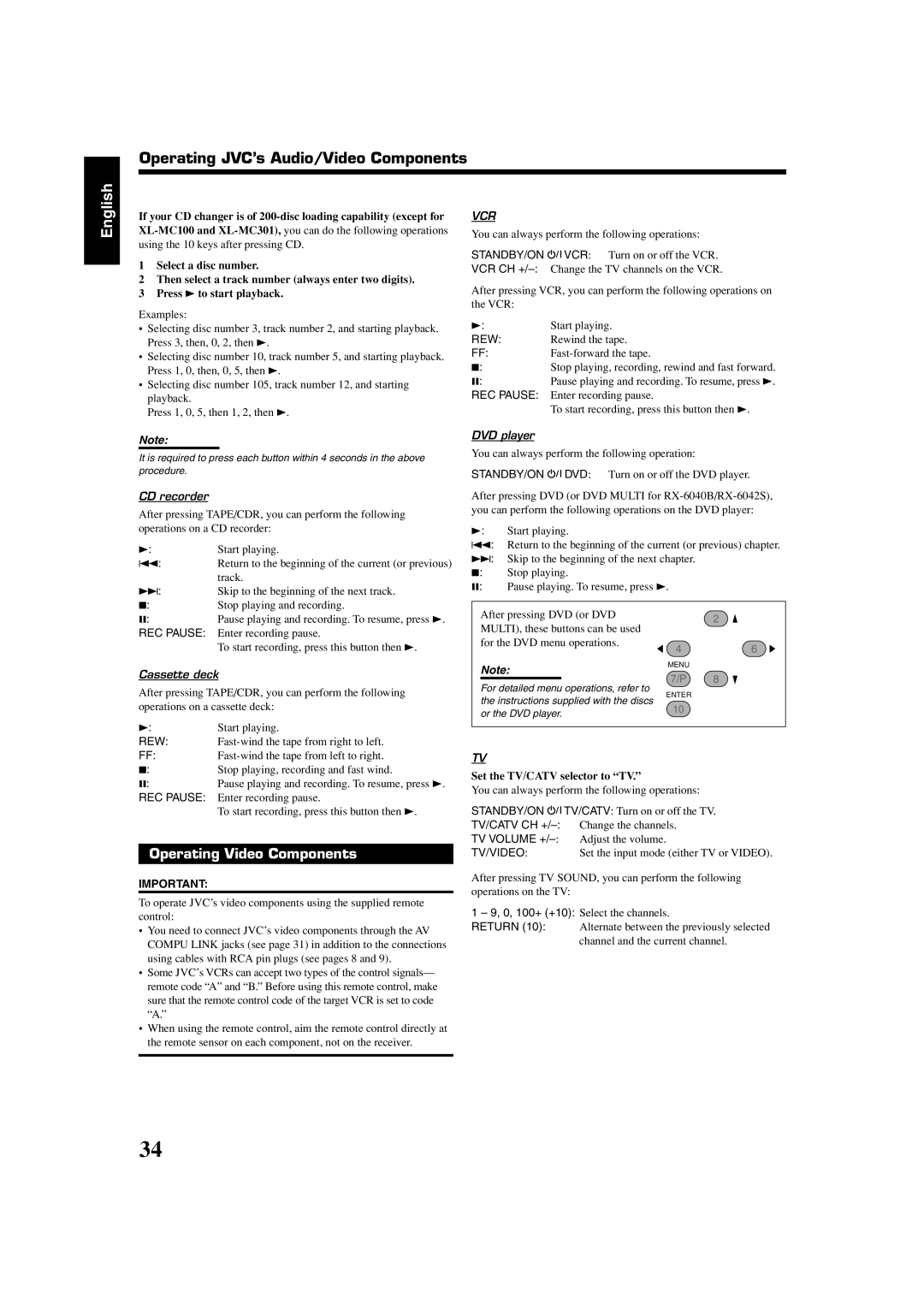 JVC RX-5040B, RX-6042S, RX-6040B manual Operating JVC’s Audio/Video Components, Set the TV/CATV selector to TV 