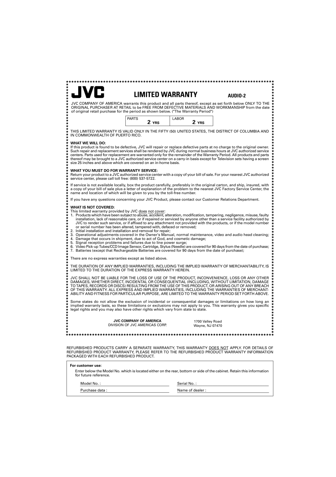 JVC RX-6042S manual LIMITED WARRANTYAUDIO-2, What We Will Do, What You Must Do For Warranty Service, What Is Not Covered 