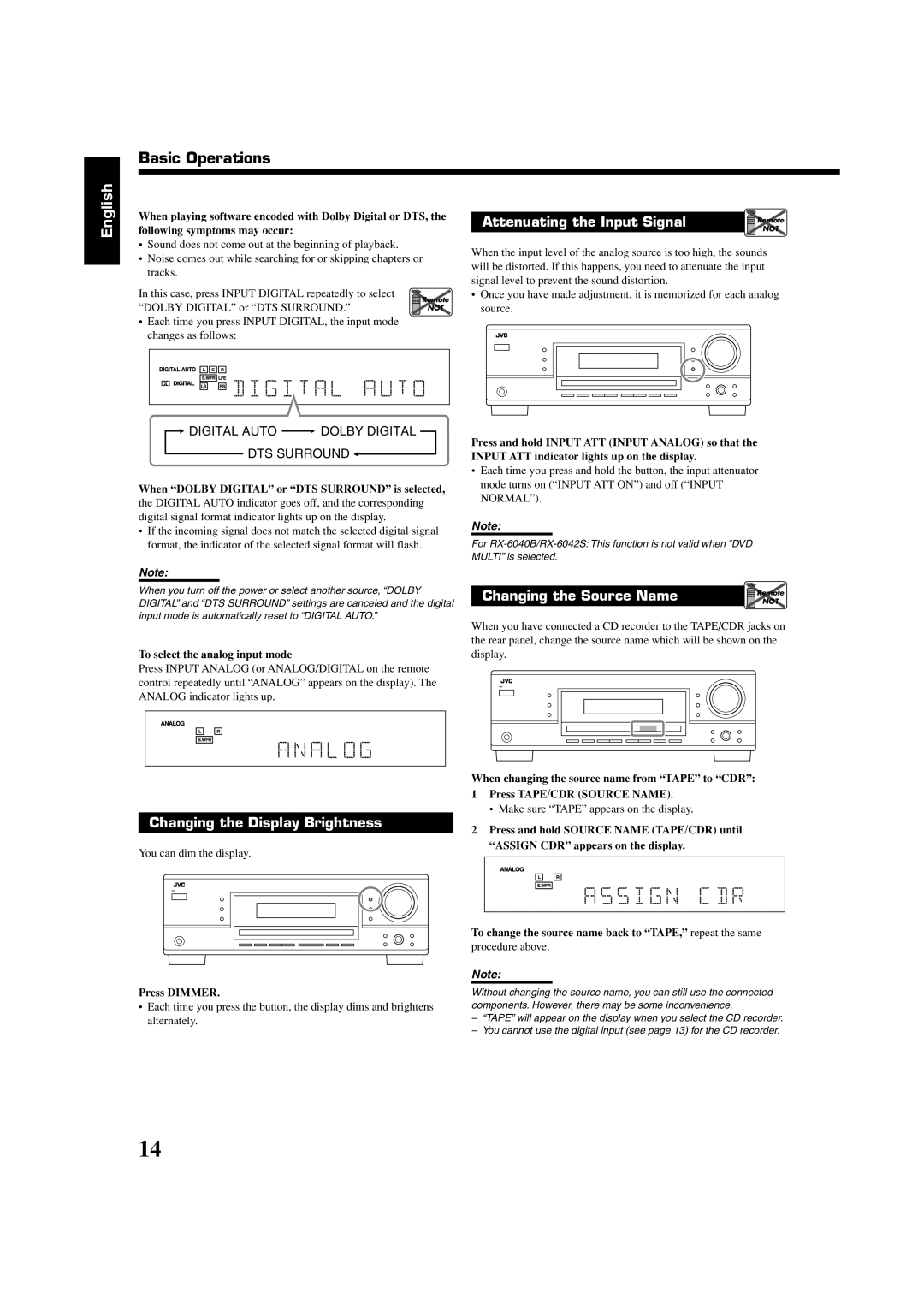 JVC RX-6042S manual Basic Operations, English, Attenuating the Input Signal, Changing the Display Brightness, Press DIMMER 