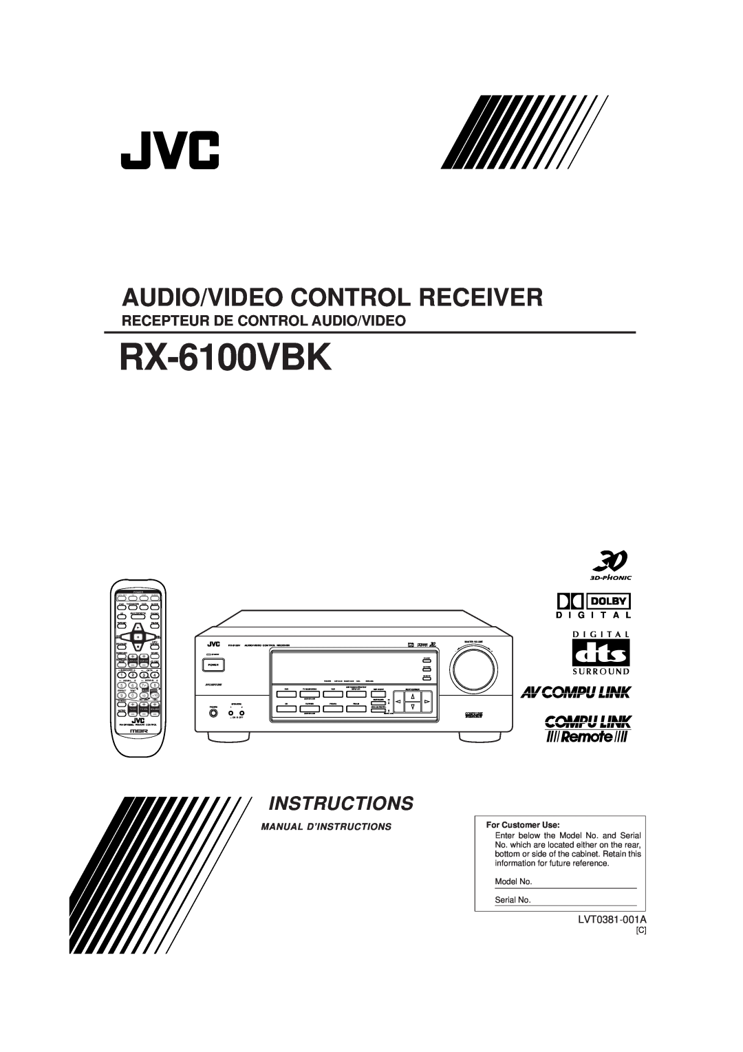 JVC RX-6100VBK manual Audio/Video Control Receiver, Instructions, Recepteur De Control Audio/Video, LVT0381-001A, Power 
