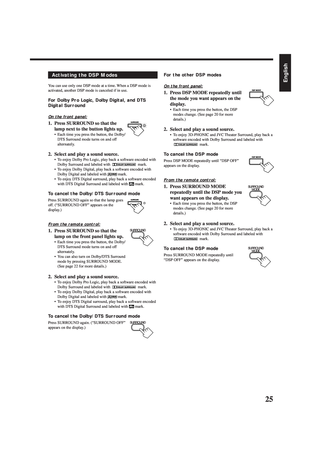 JVC RX-6100VBK manual Activating the DSP Modes, English, Press SURROUND so that the 