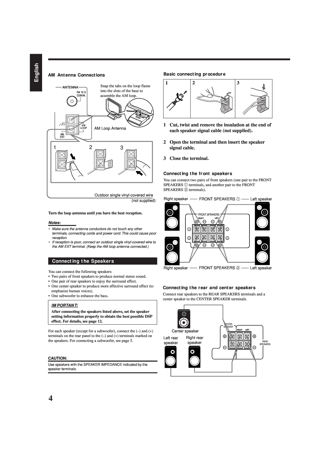 JVC RX-6100VBK manual Connecting the Speakers, English, AM Antenna Connections, Basic connecting procedure 