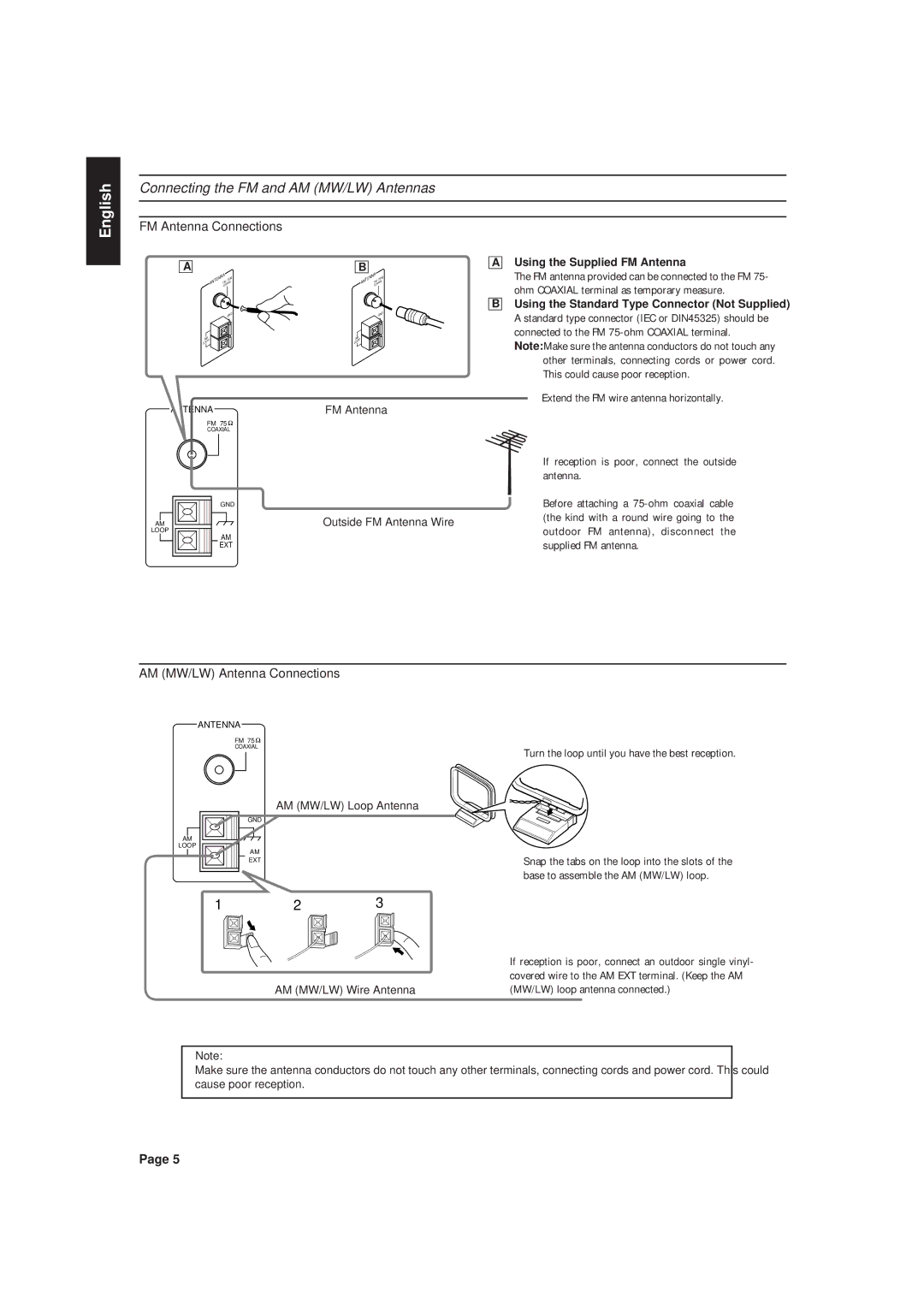 JVC RX-630RBK manual Connecting the FM and AM MW/LW Antennas, FM Antenna Connections, AM MW/LW Antenna Connections 