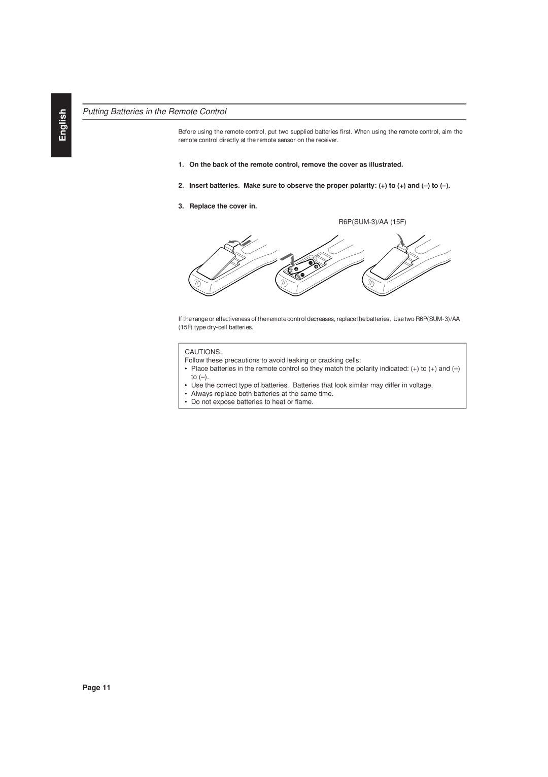 JVC RX-630RBK manual Putting Batteries in the Remote Control, R6PSUM-3/AA 15F 