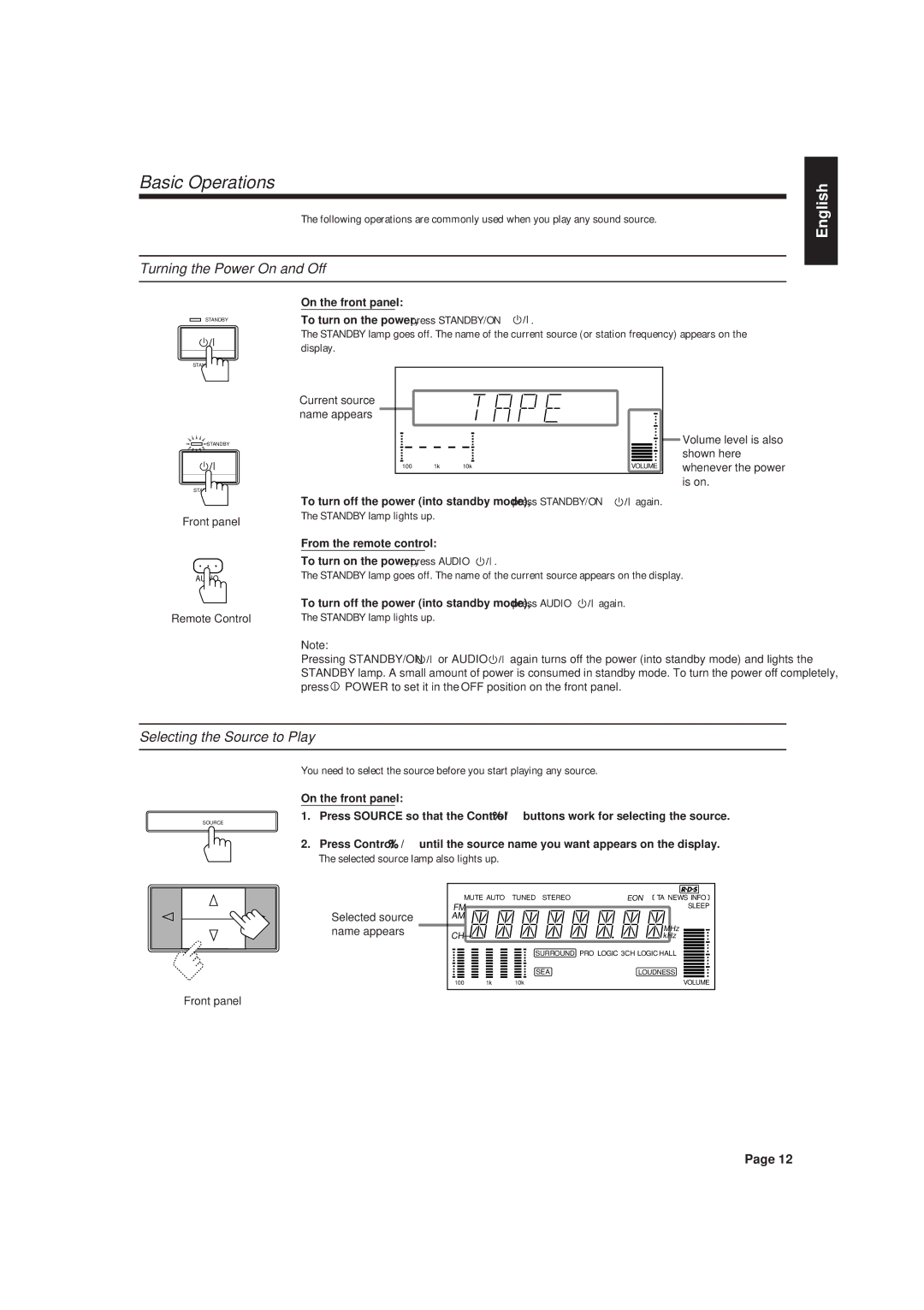 JVC RX-630RBK manual Basic Operations, Turning the Power On and Off, Selecting the Source to Play 