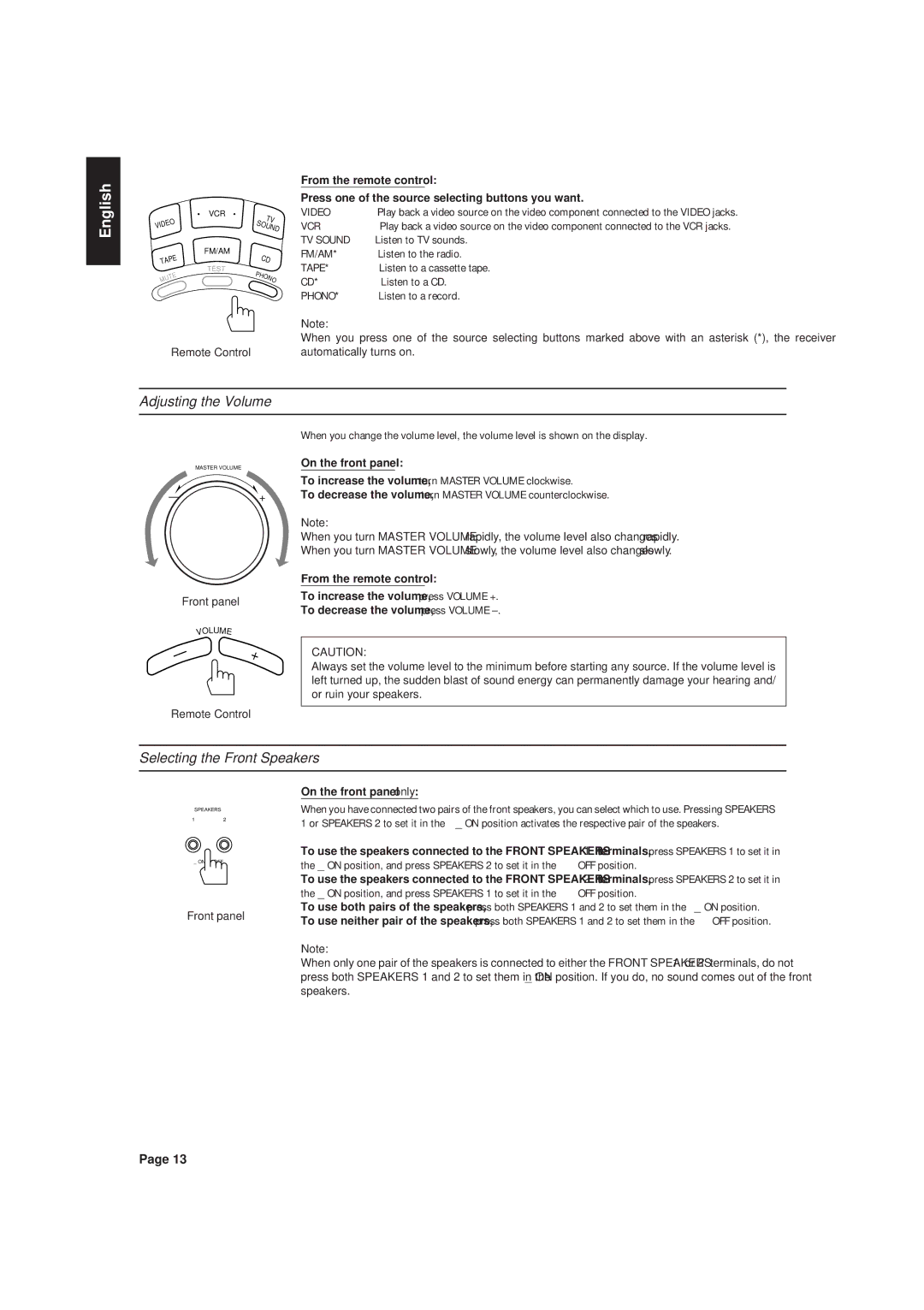 JVC RX-630RBK manual Adjusting the Volume, Selecting the Front Speakers, On the front panel only 