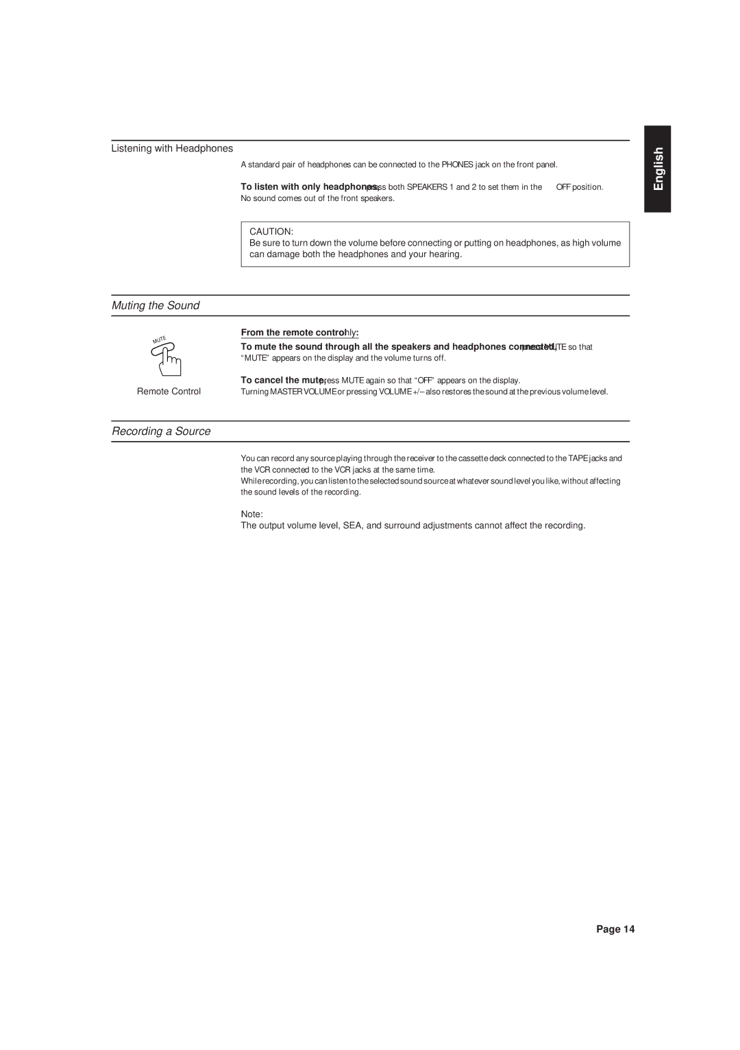 JVC RX-630RBK manual Muting the Sound, Recording a Source, Listening with Headphones 