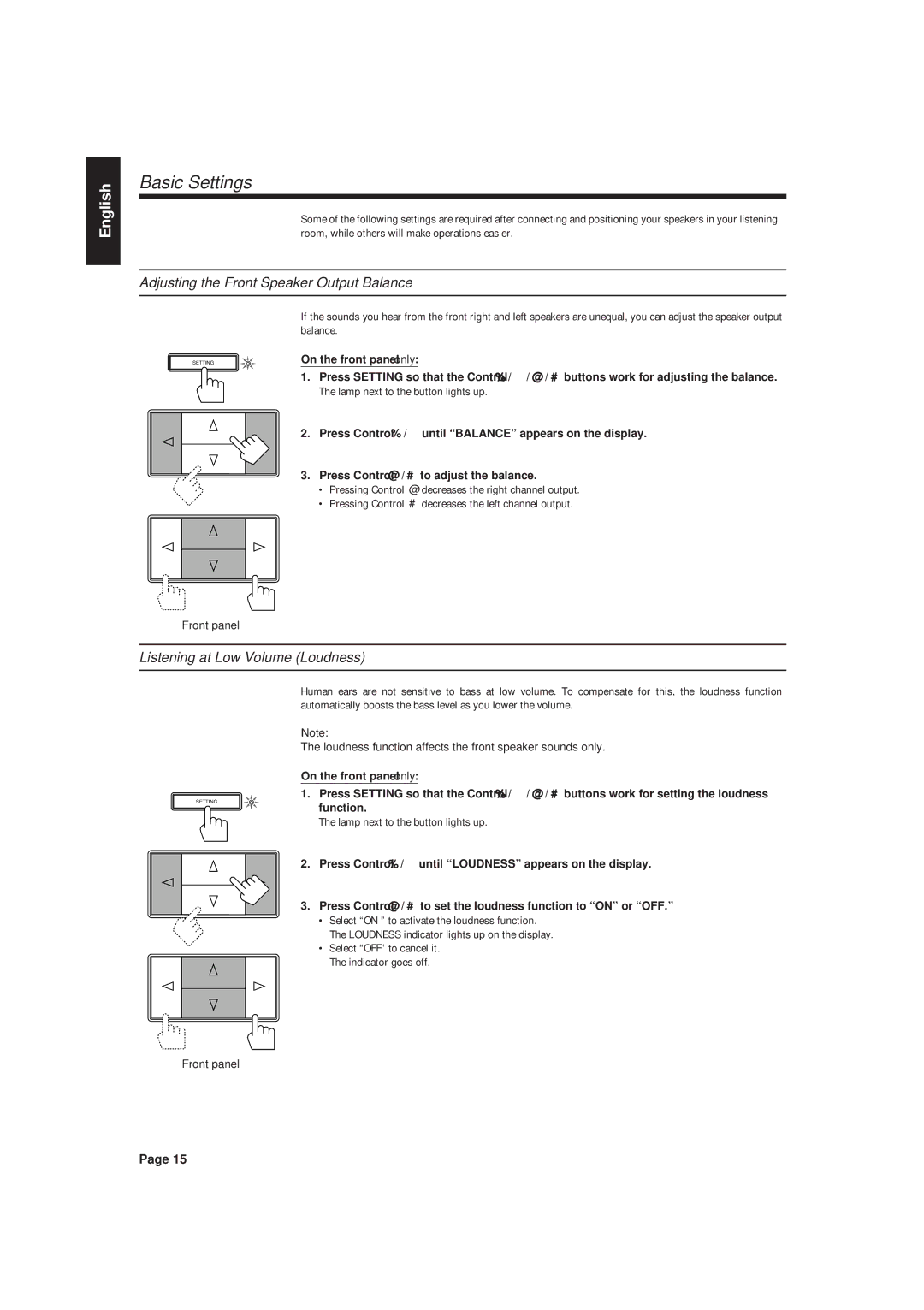 JVC RX-630RBK manual Basic Settings, Adjusting the Front Speaker Output Balance, Listening at Low Volume Loudness, Function 