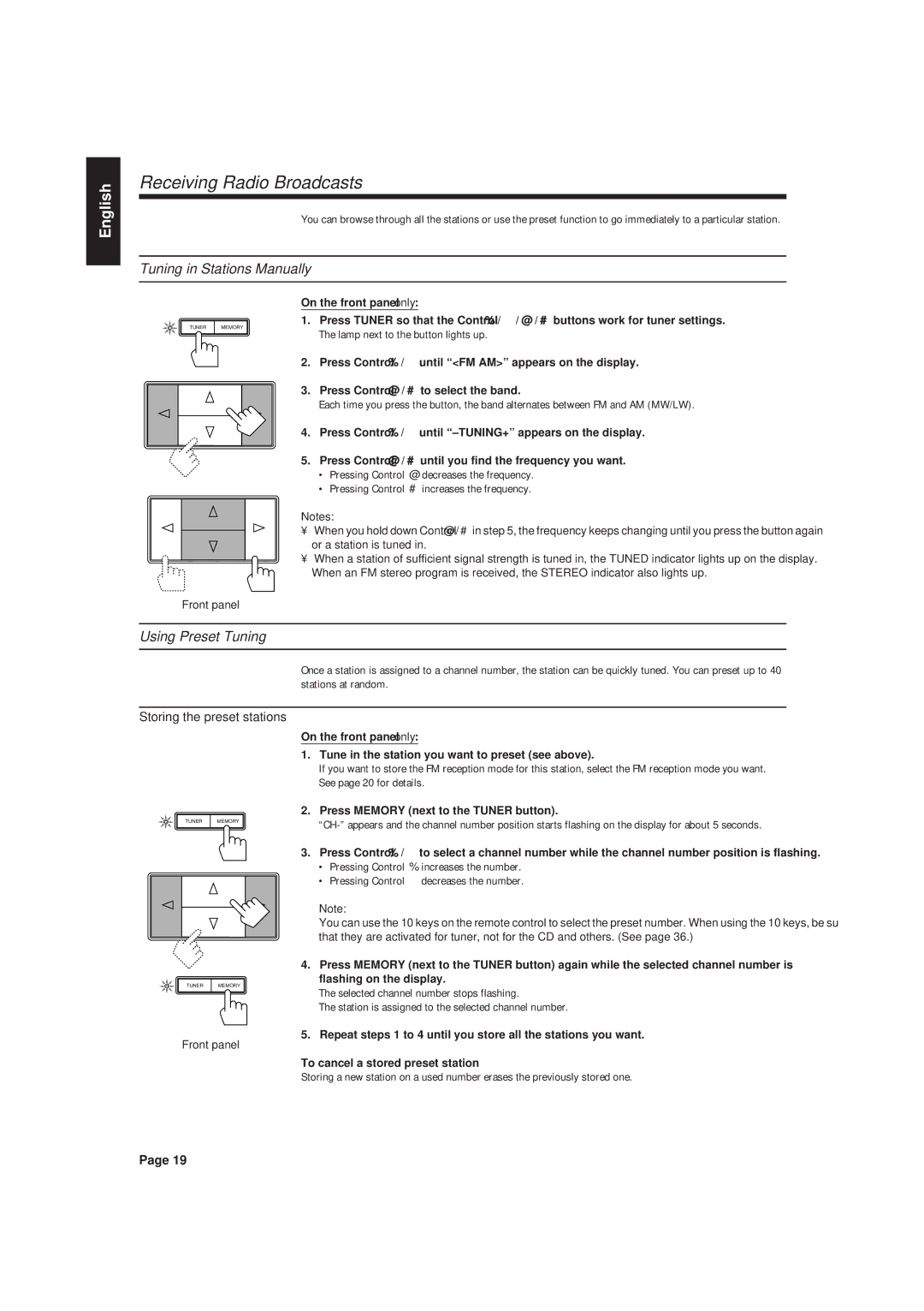 JVC RX-630RBK Receiving Radio Broadcasts, Tuning in Stations Manually, Using Preset Tuning, Storing the preset stations 