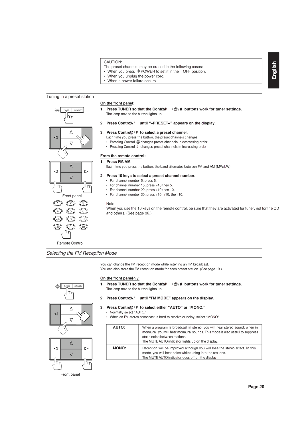 JVC RX-630RBK manual Selecting the FM Reception Mode, Tuning in a preset station, Auto, Mono 