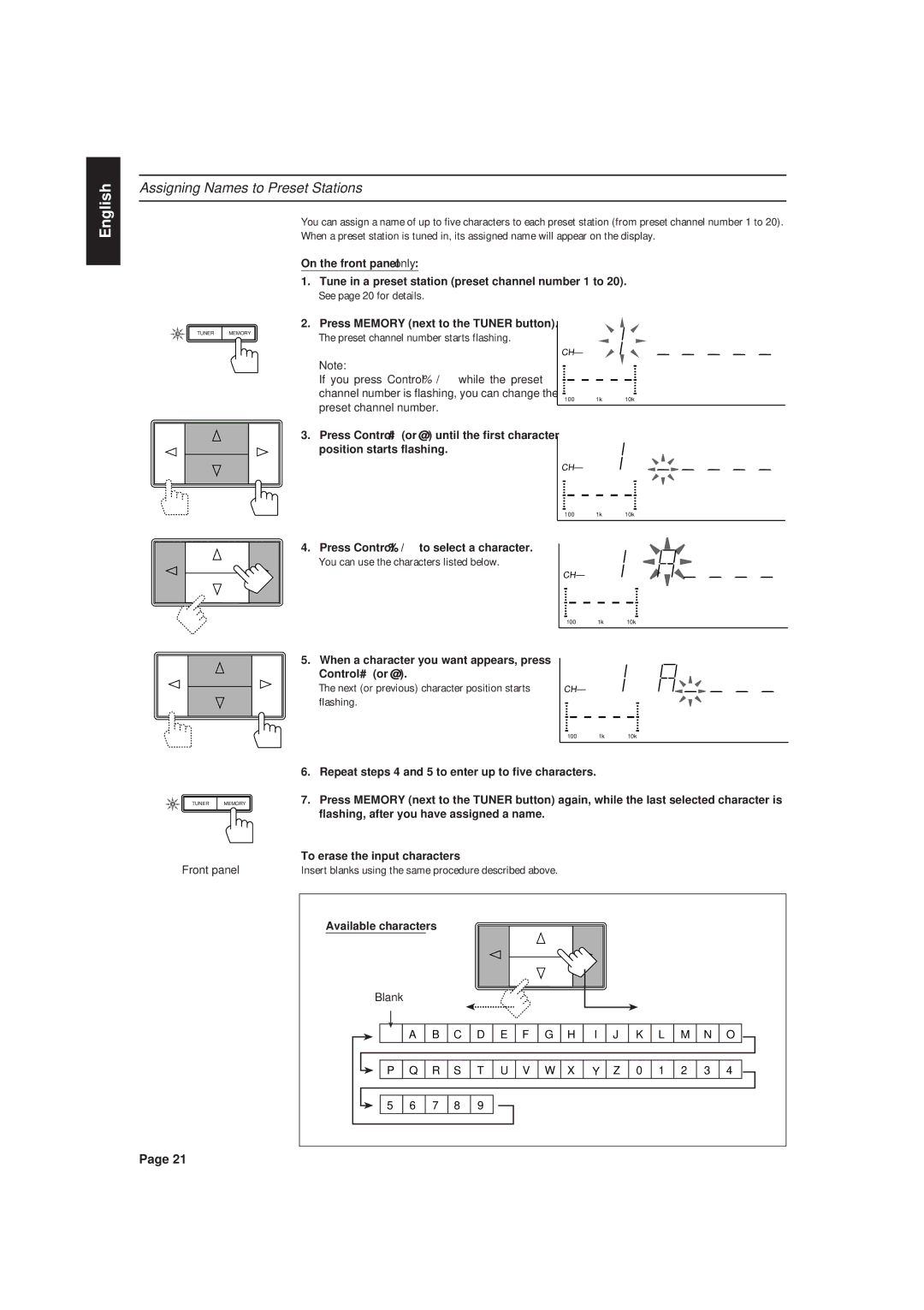 JVC RX-630RBK manual Assigning Names to Preset Stations, Press Control % / Þto select a character, Available characters 