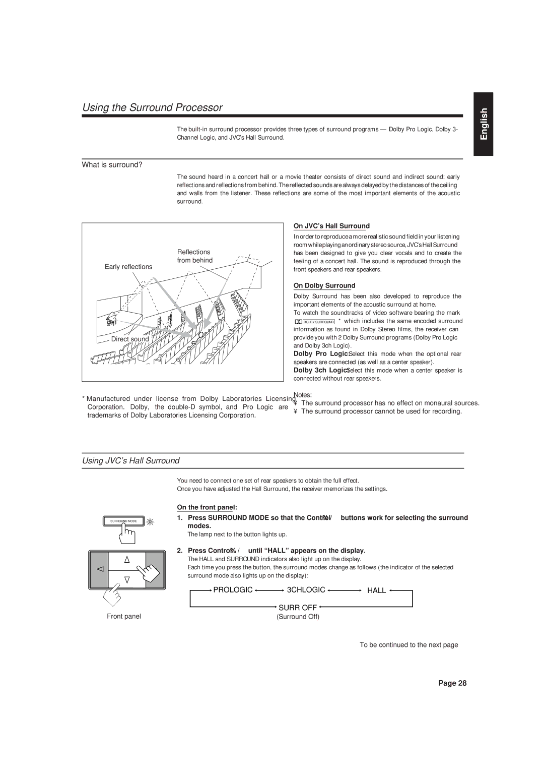 JVC RX-630RBK Using the Surround Processor, Using JVC’s Hall Surround, What is surround?, Prologic 3CHLOGIC Hall Surr OFF 