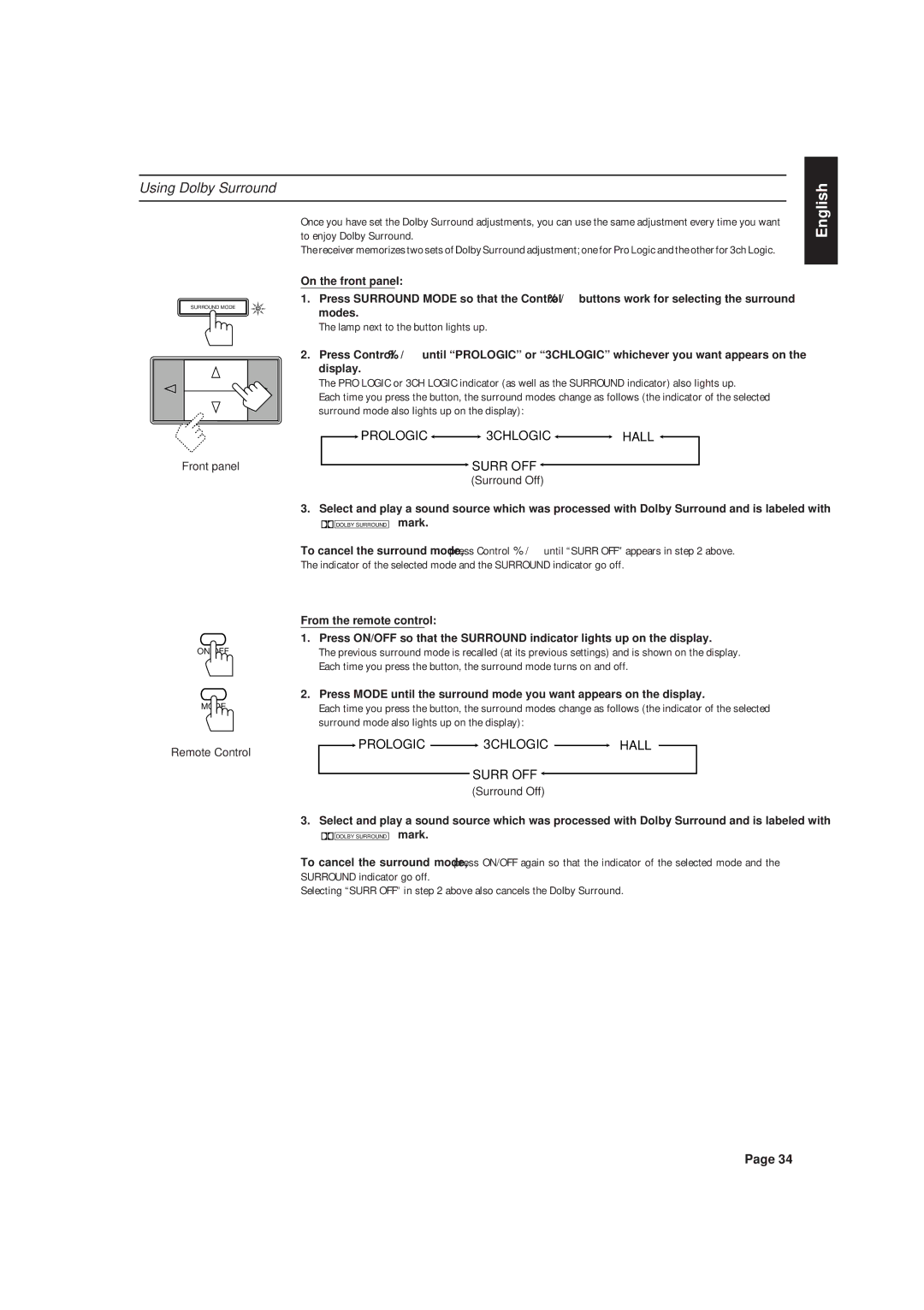 JVC RX-630RBK manual Using Dolby Surround 