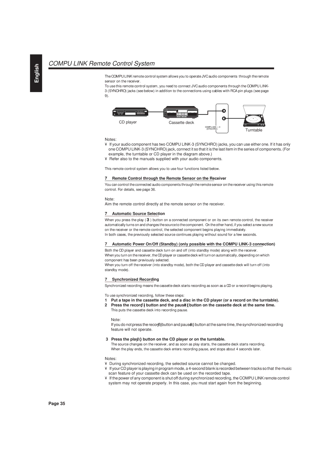 JVC RX-630RBK manual Compu Link Remote Control System, Remote Control through the Remote Sensor on the Receiver 