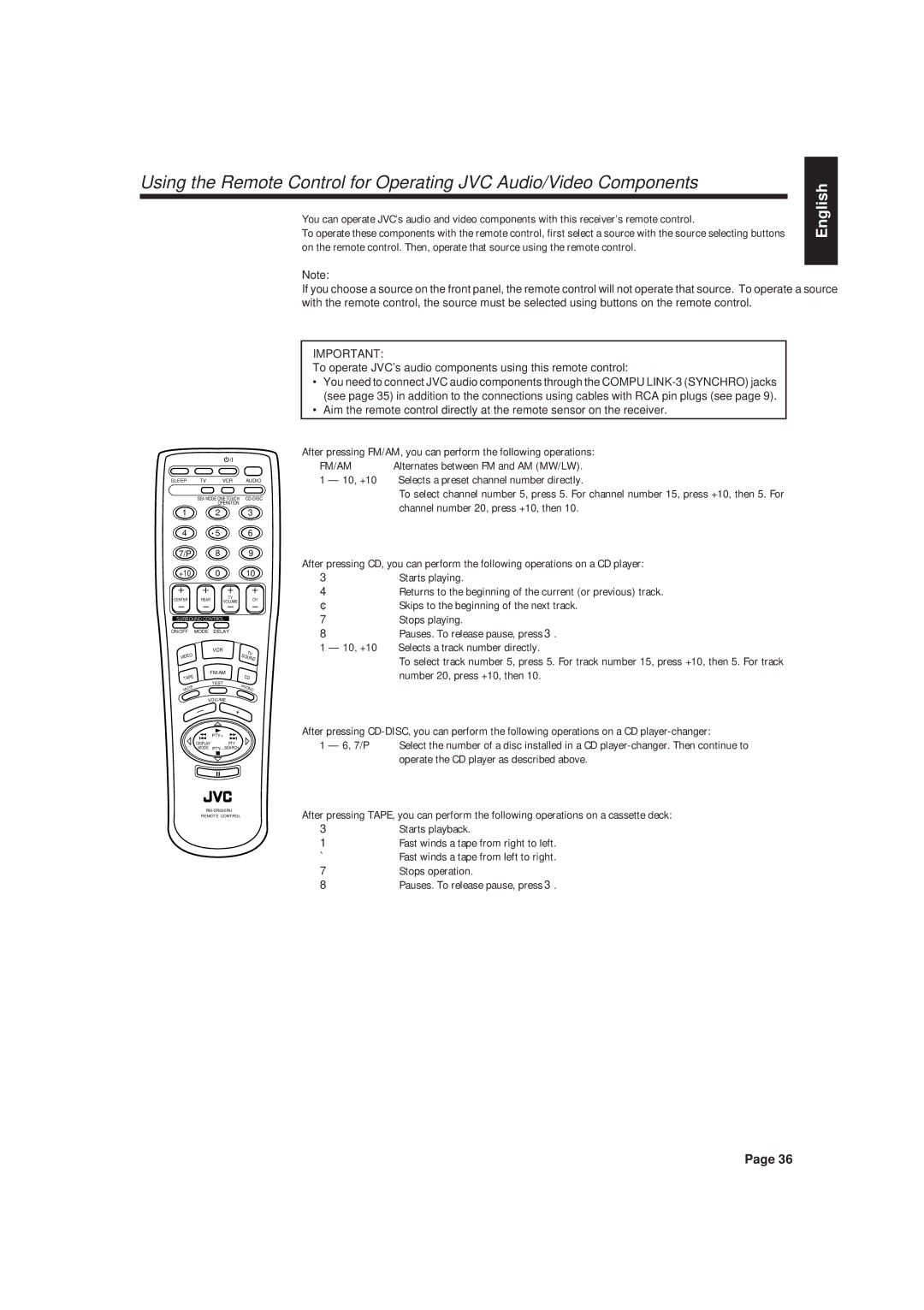 JVC RX-630RBK manual To operate JVC’s audio components using this remote control 