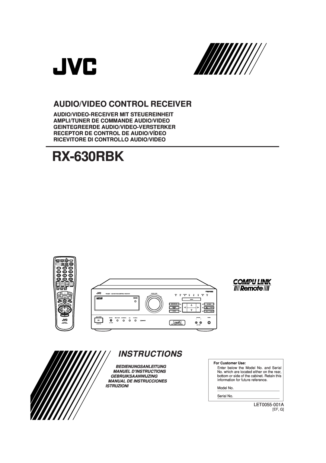 JVC RX-630RBK manual LET0055-001A, Audio/Video Control Receiver, Bedienungsanleitung Manuel D’Instructions, Istruzioni 