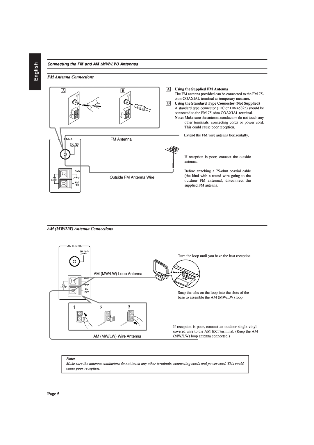 JVC RX-630RBK manual Connecting the FM and AM MW/LW Antennas, FM Antenna Connections, AM MW/LW Antenna Connections, English 