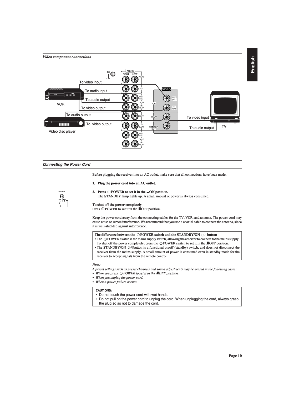 JVC RX-630RBK manual Connecting the Power Cord, Video component connections, English, Cautions 