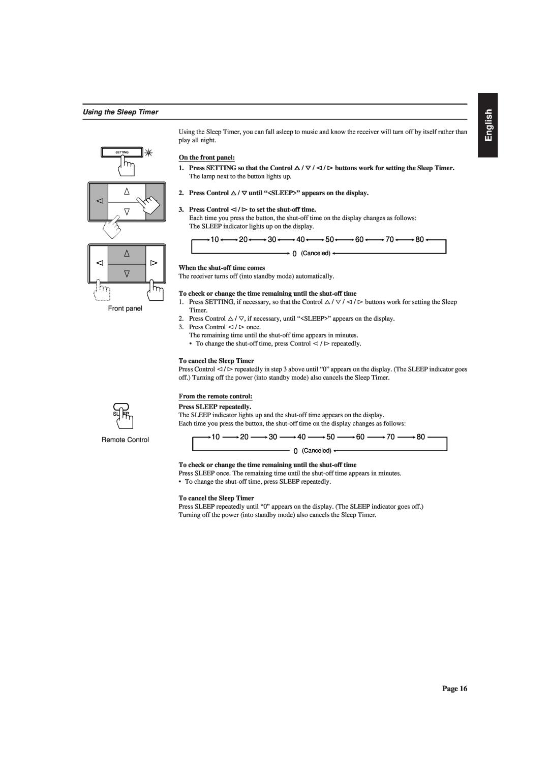 JVC RX-630RBK manual Using the Sleep Timer, 1020304050607080, English 