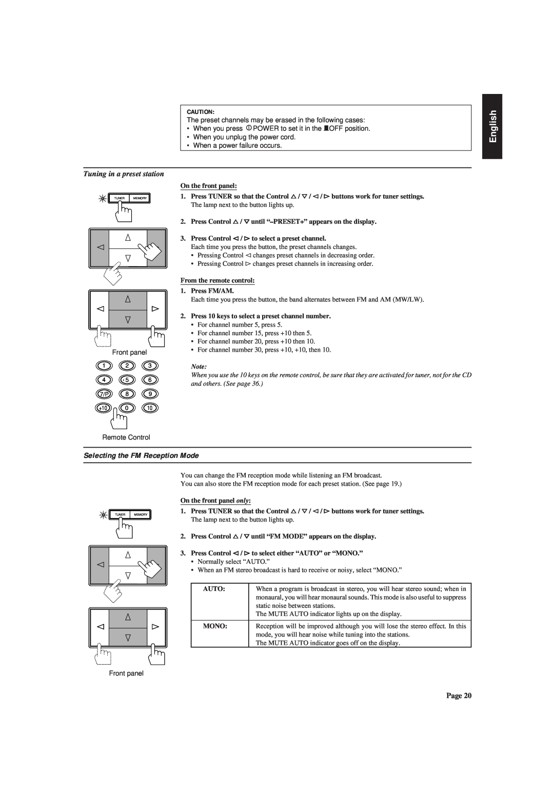 JVC RX-630RBK manual Selecting the FM Reception Mode, Tuning in a preset station, English 