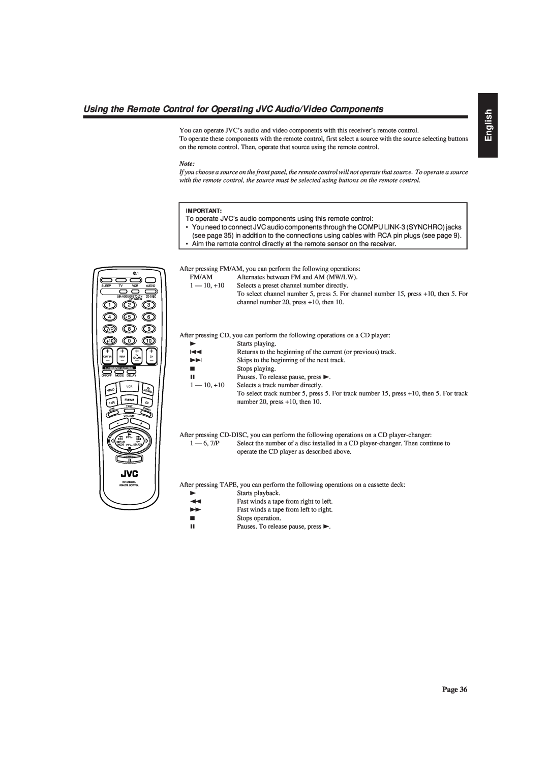 JVC RX-630RBK manual English, FM/AM Alternates between FM and AM MW/LW 