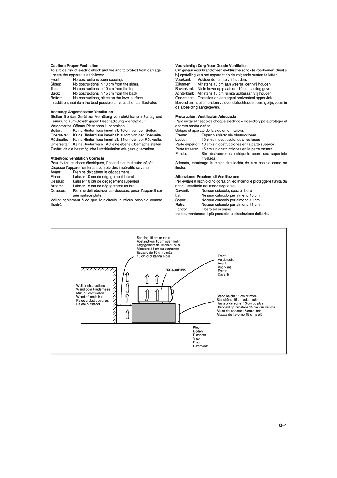 JVC RX-630RBK manual Caution Proper Ventilation, Achtung Angemessene Ventilation, Attention Ventilation Correcte 