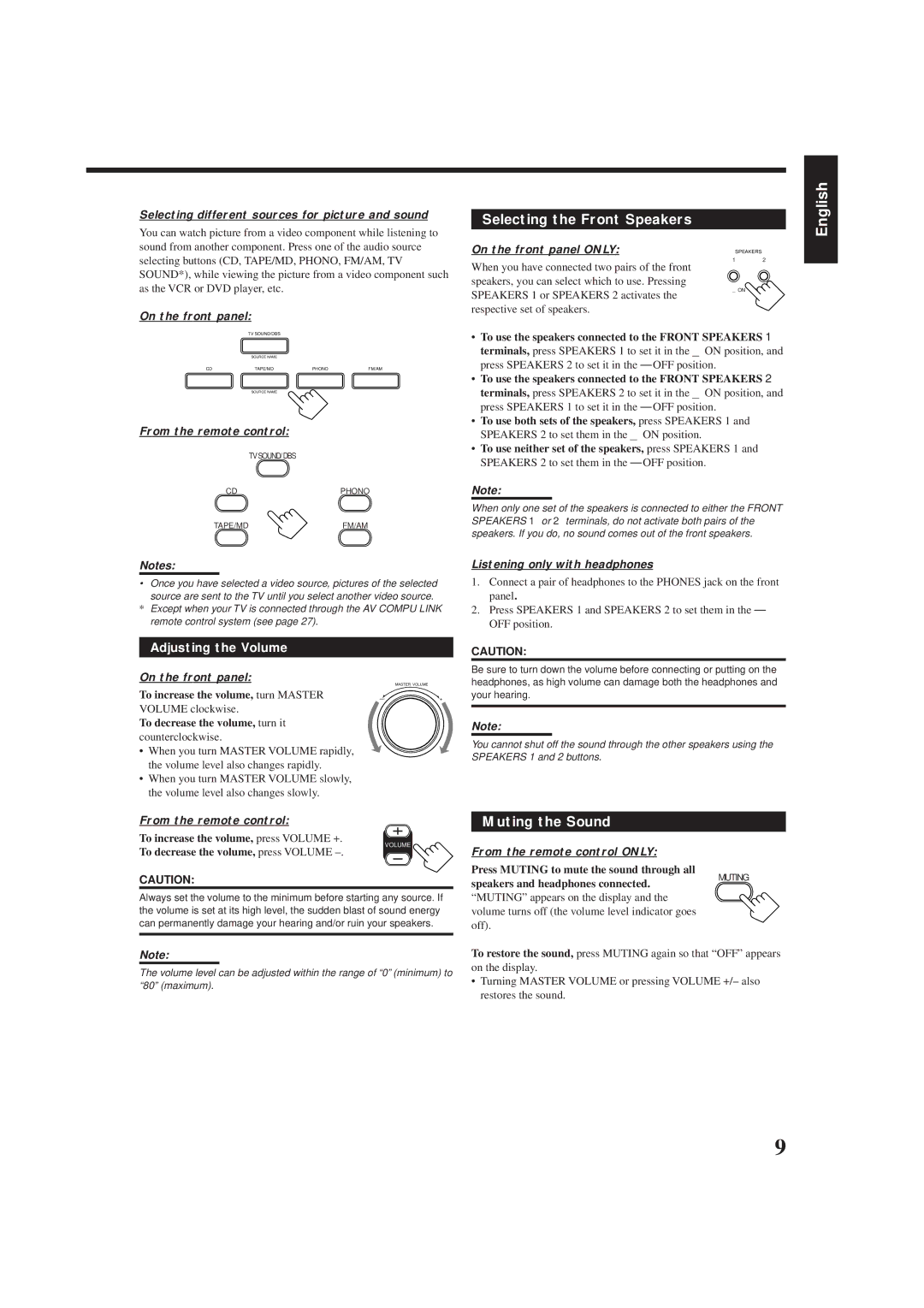 JVC RX-6500VBK manual Selecting the Front Speakers, Muting the Sound 