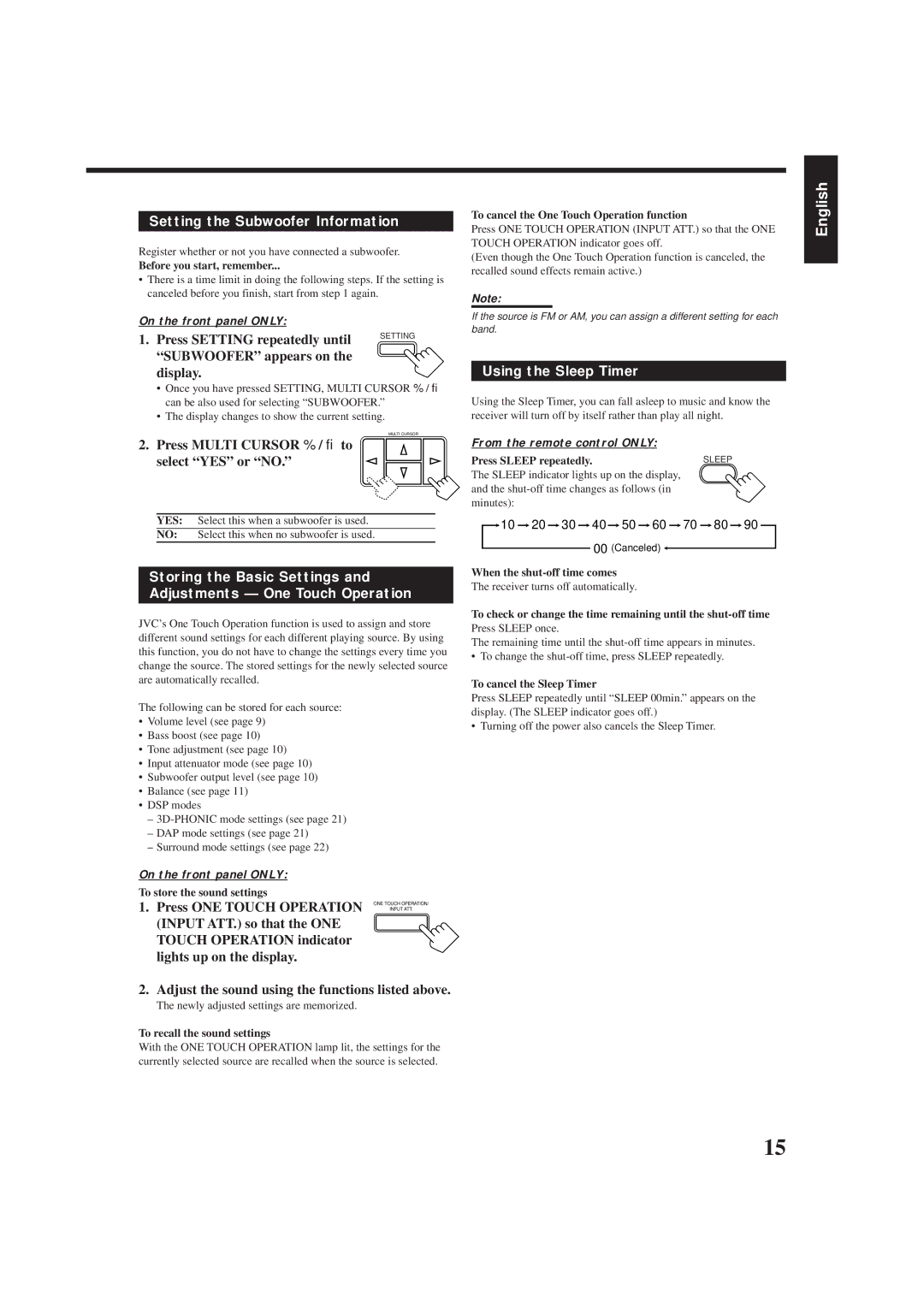 JVC RX-6500VBK manual Setting the Subwoofer Information, Storing the Basic Settings Adjustments One Touch Operation 