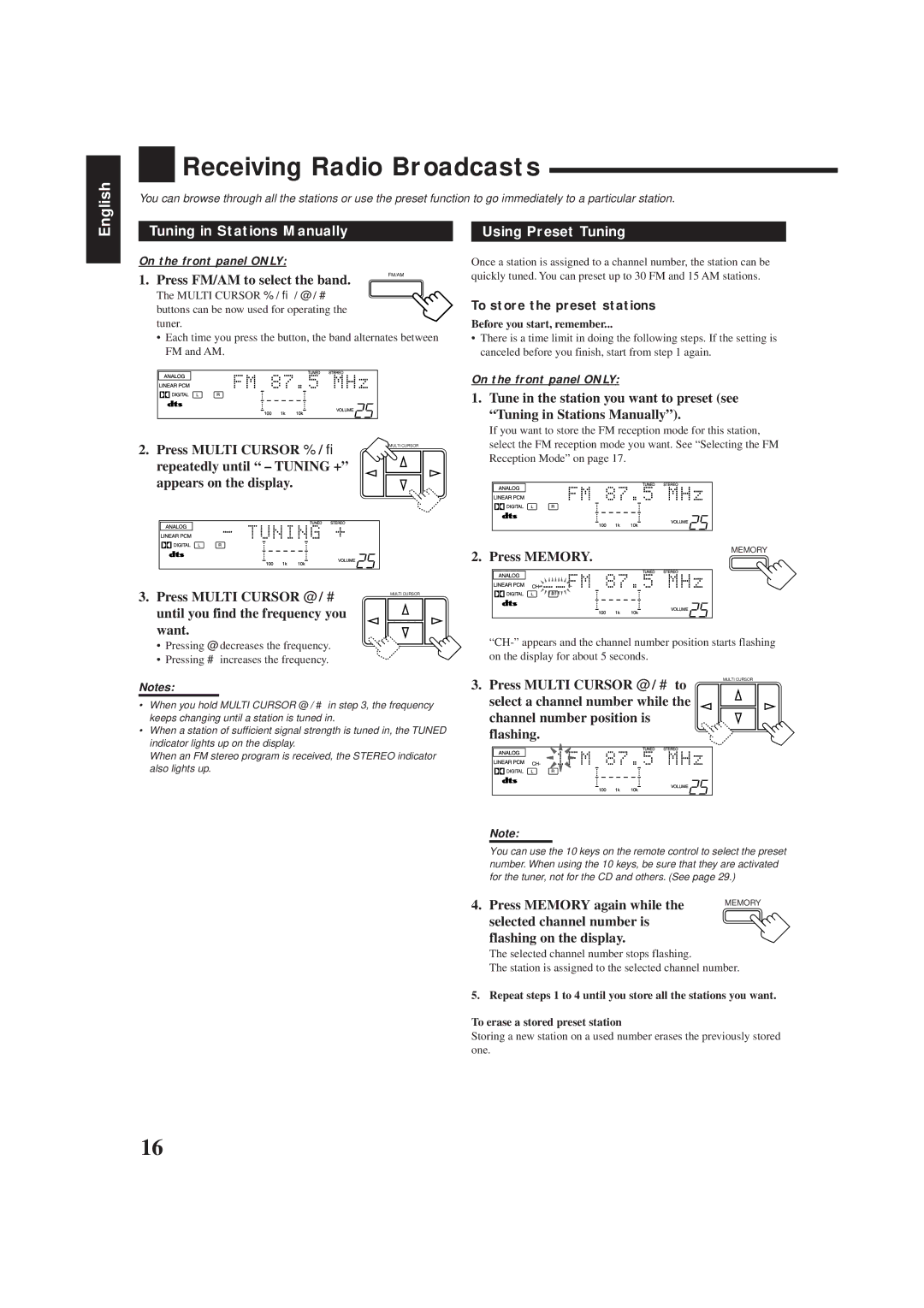 JVC RX-6500VBK manual Receiving Radio Broadcasts, Tuning in Stations Manually, Using Preset Tuning 