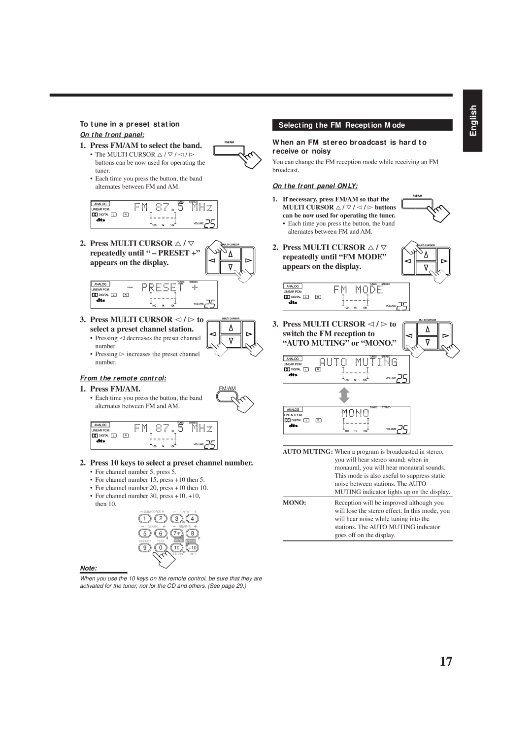 JVC RX-6500VBK manual Select a preset channel station, Press FM/AM, Press 10 keys to select a preset channel number 