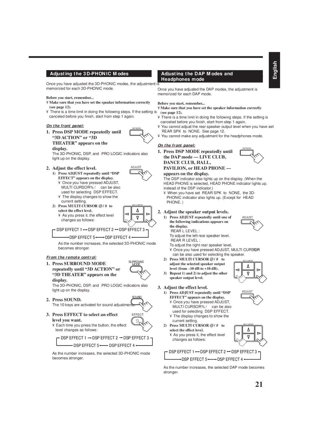 JVC RX-6500VBK manual Adjusting the 3D-PHONIC Modes, Adjusting the DAP Modes Headphones mode 