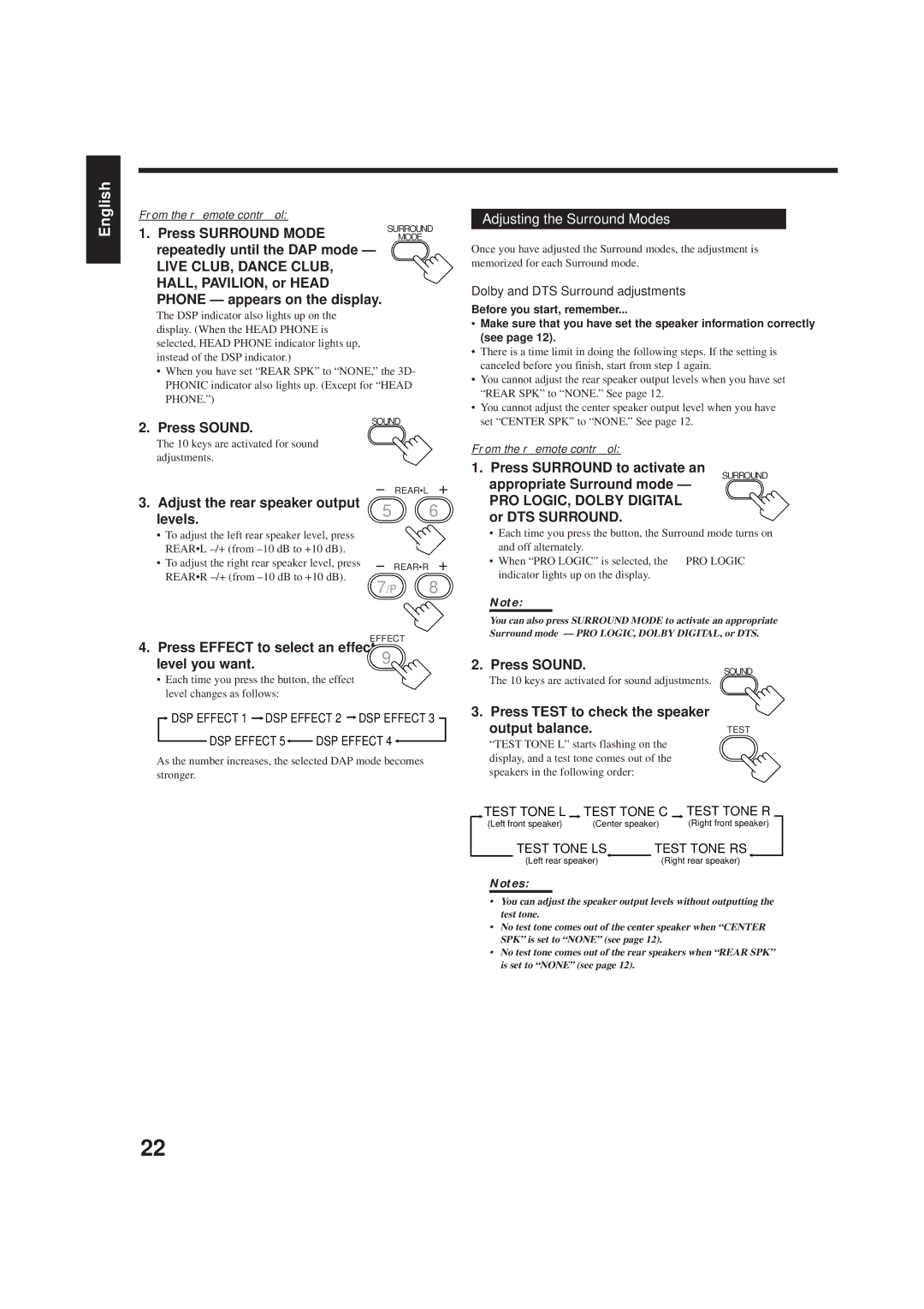 JVC RX-6500VBK manual Adjusting the Surround Modes 