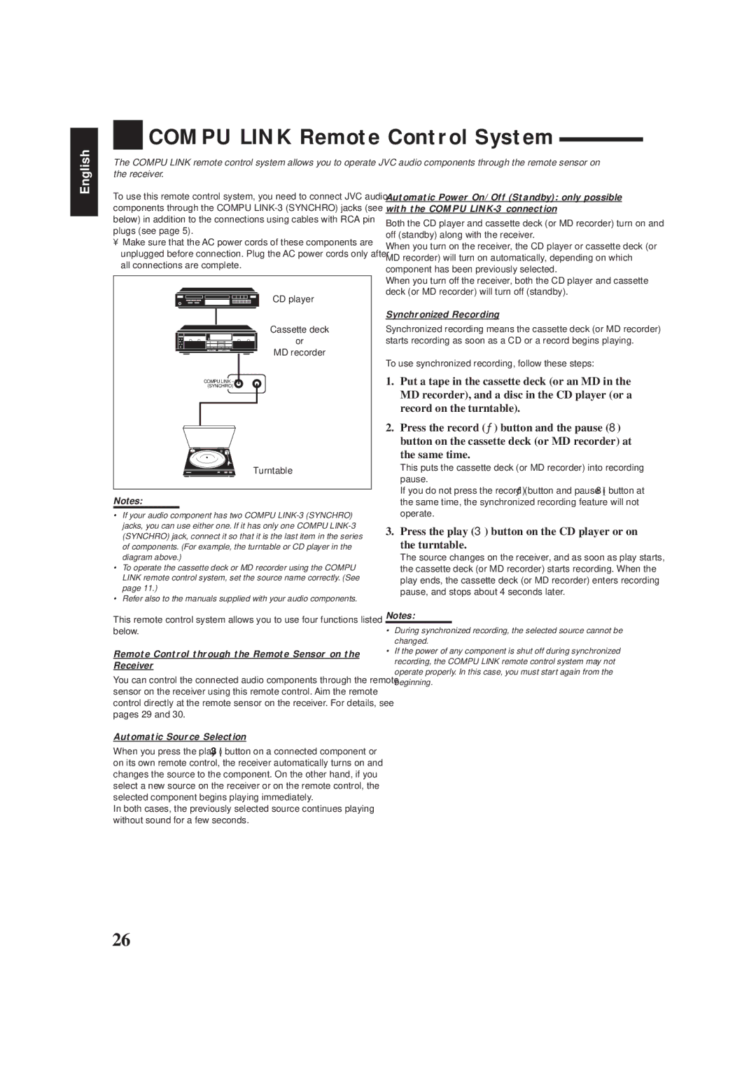 JVC RX-6500VBK manual Compu Link Remote Control System, Same time, Synchronized Recording, Automatic Source Selection 