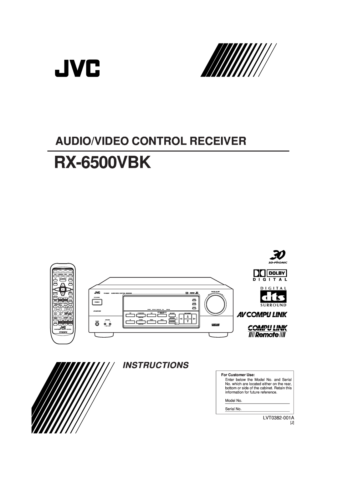 JVC RX-6500VBK manual Audio/Video Control Receiver, Instructions, LVT0382-001A, D I G I T A L, For Customer Use, Power 