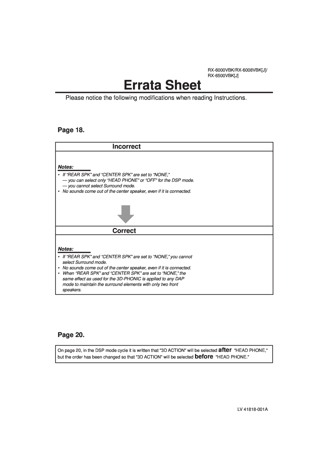 JVC RX-6500VBK manual Errata Sheet, Page Incorrect, Correct 