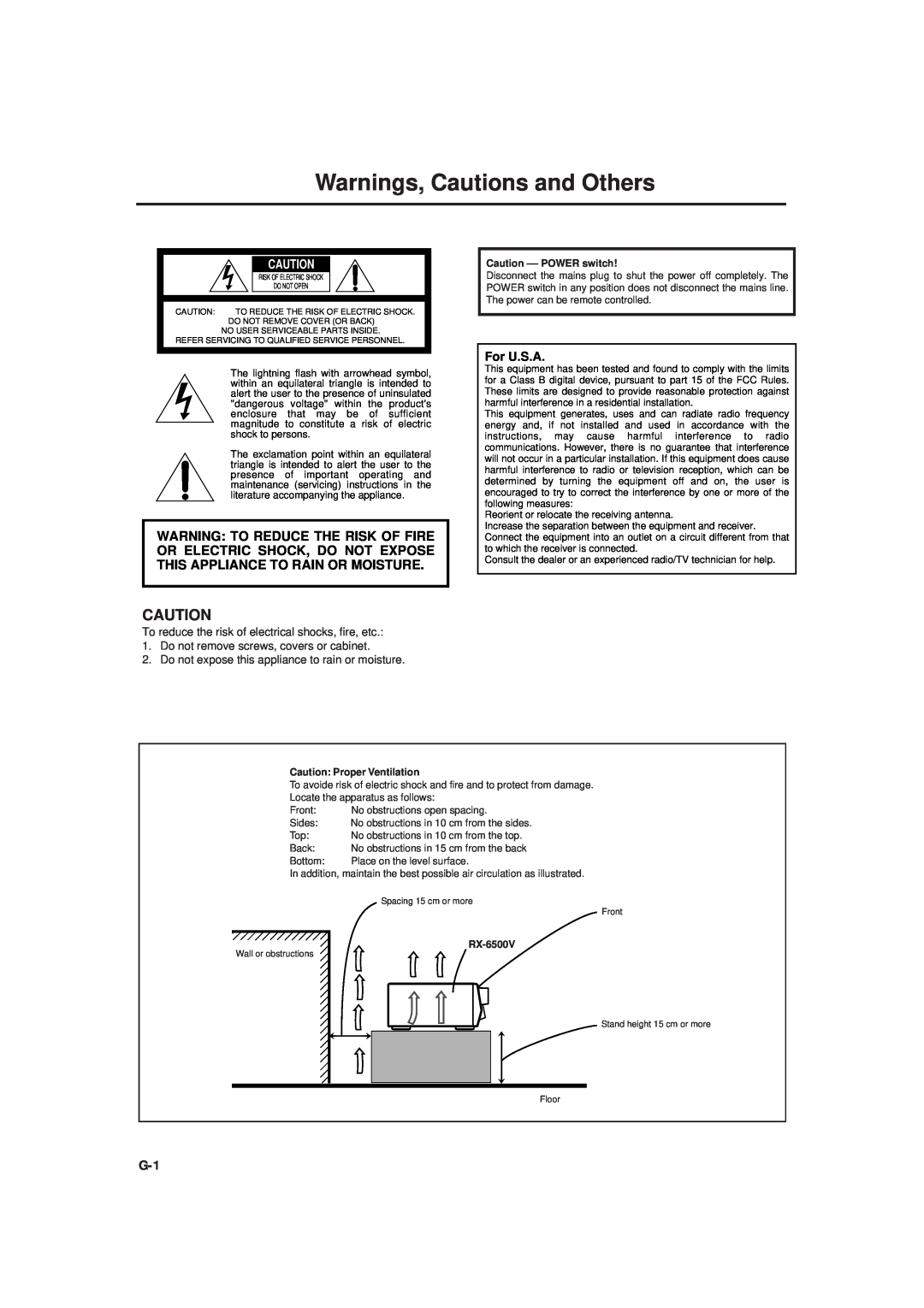 JVC RX-6500VBK manual Warnings, Cautions and Others, For U.S.A, Caution --POWER switch, Caution Proper Ventilation 