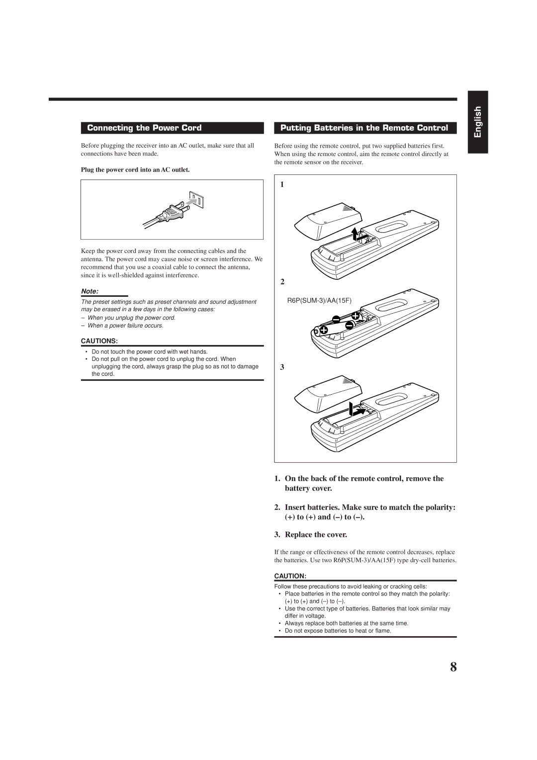 JVC RX-6510VBK manual Plug the power cord into an AC outlet, R6PSUM-3/AA15F 