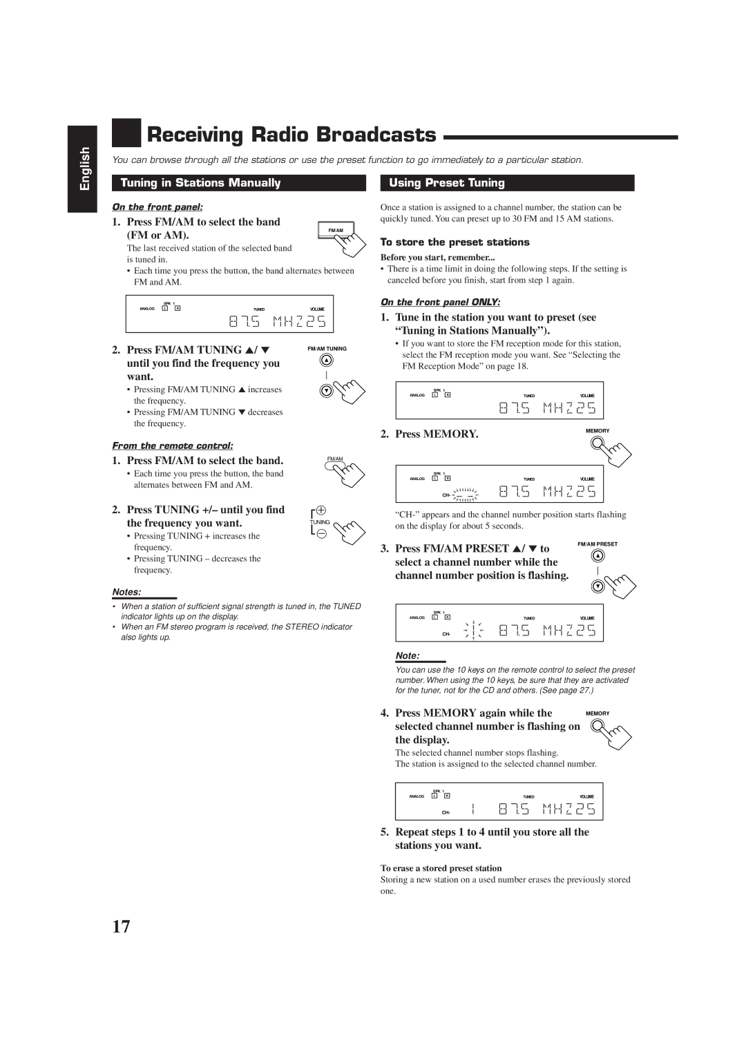 JVC RX-6510VBK manual Receiving Radio Broadcasts, Tuning in Stations Manually, Using Preset Tuning 