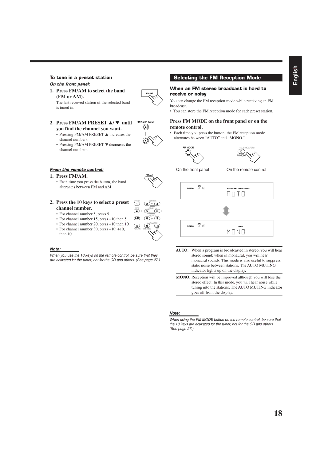 JVC RX-6510VBK manual Selecting the FM Reception Mode 