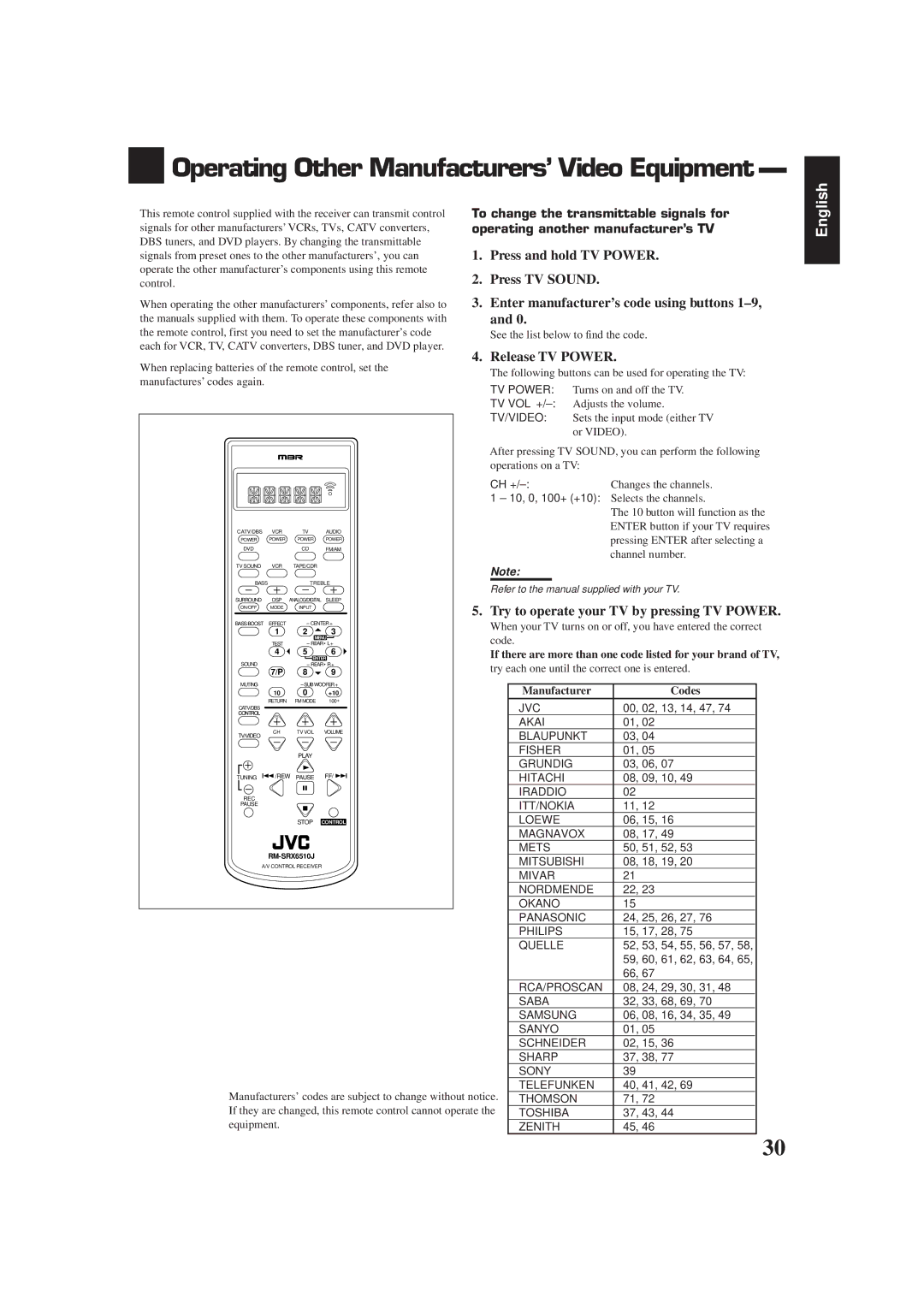 JVC RX-6510VBK Operating Other Manufacturers’ Video Equipment, Press and hold TV Power, Press TV Sound, Release TV Power 