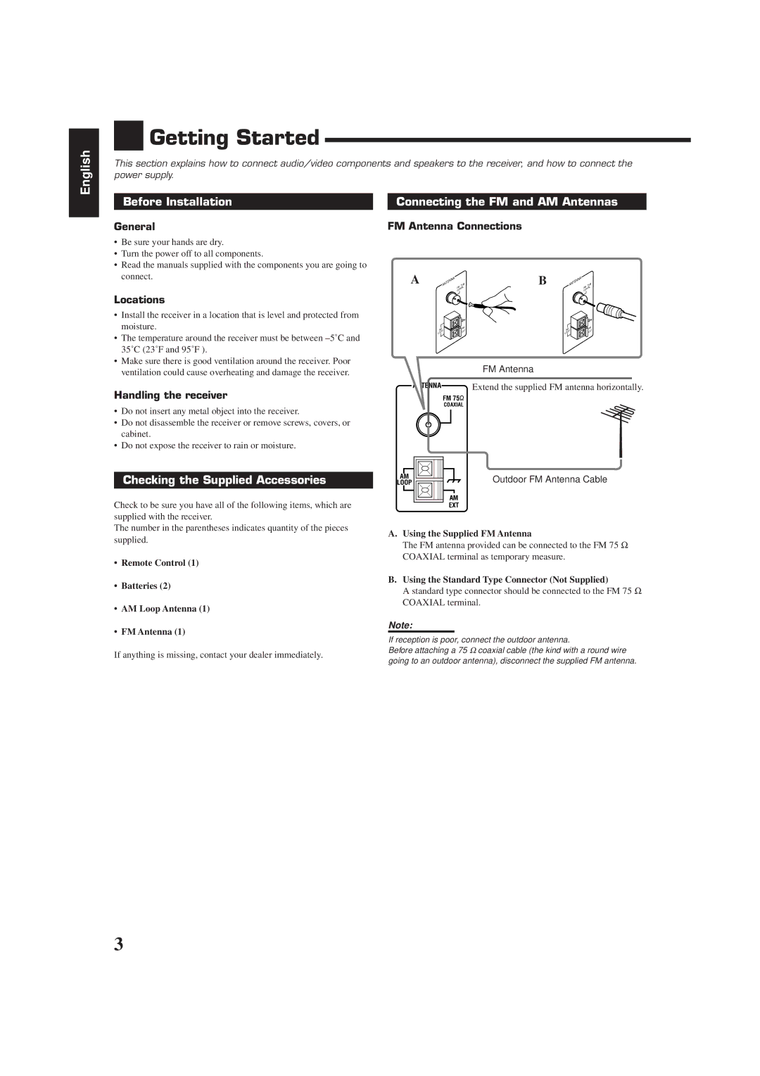 JVC RX-6510VBK Getting Started, Before Installation, Connecting the FM and AM Antennas, Checking the Supplied Accessories 