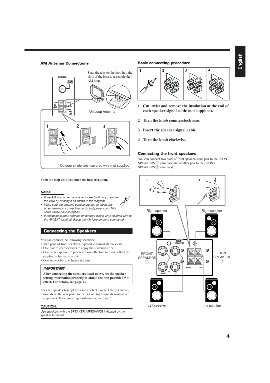 JVC RX-6510VBK Connecting the Speakers, AM Antenna Connections, Basic connecting procedure, Connecting the front speakers 