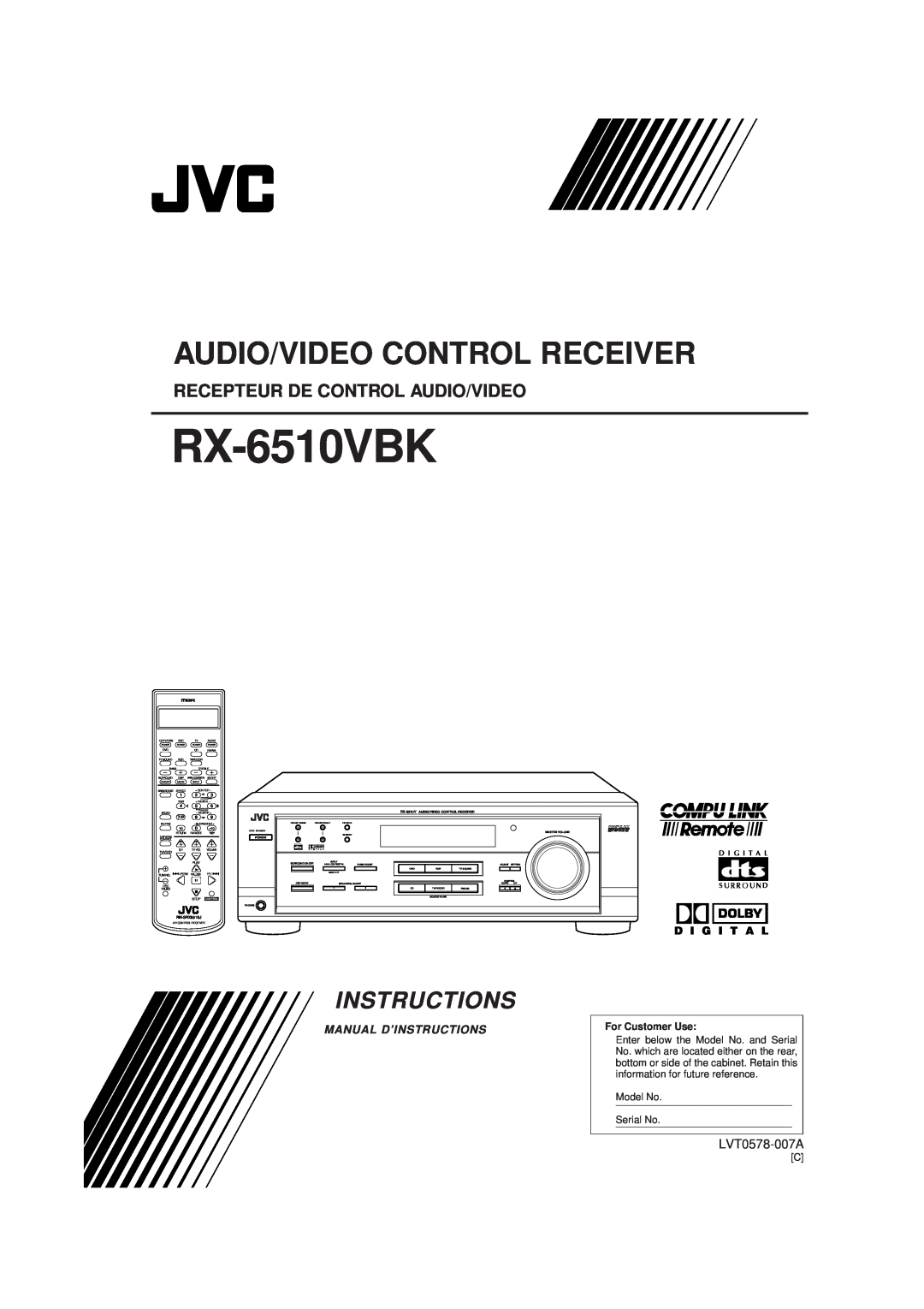 JVC RX-6510VBK manual LVT0578-007A, D I G I T A L, Manual D’Instructions, Audio/Video Control Receiver, For Customer Use 
