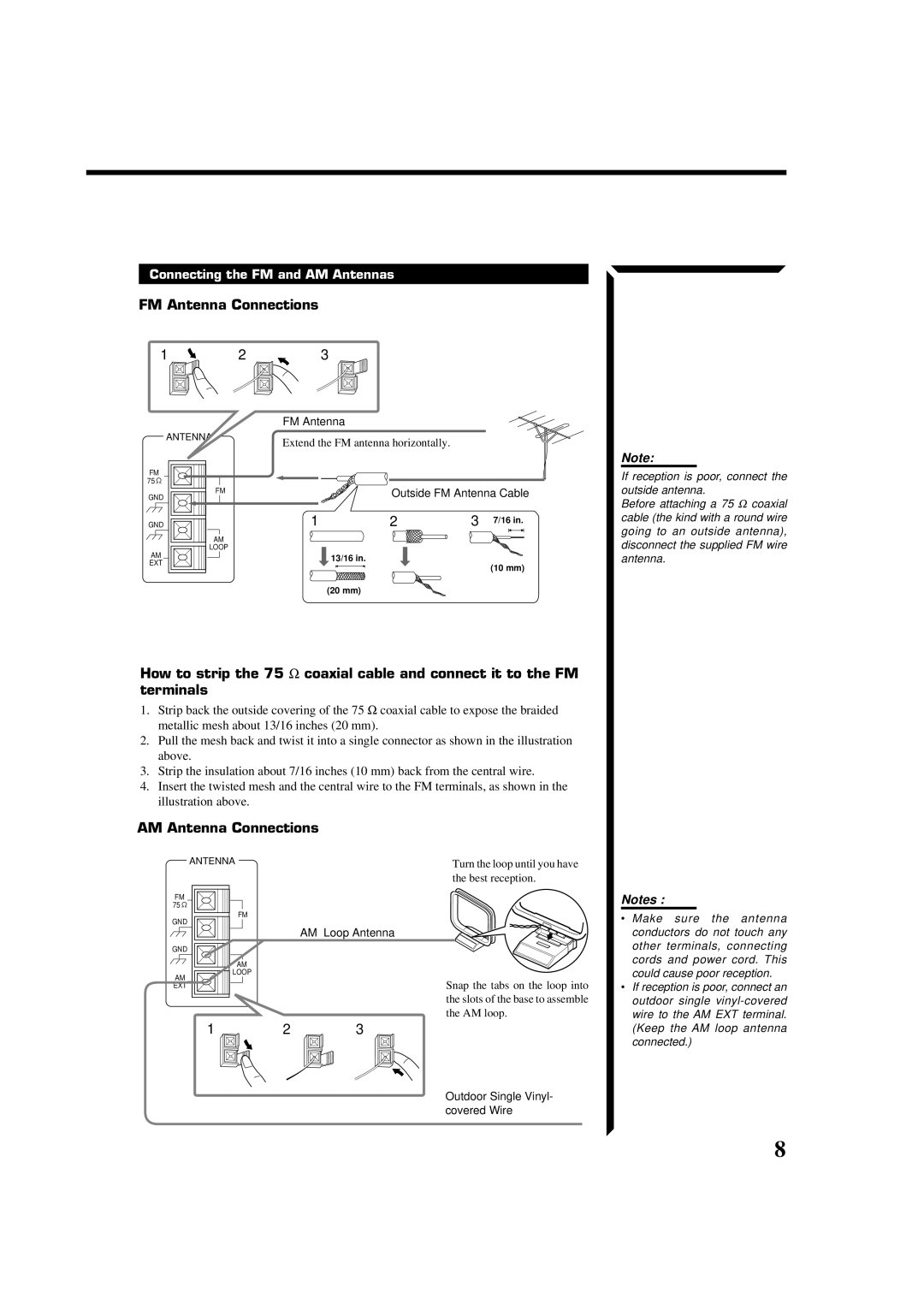 JVC RX-664VBK manual FM Antenna Connections, AM Antenna Connections, Connecting the FM and AM Antennas 