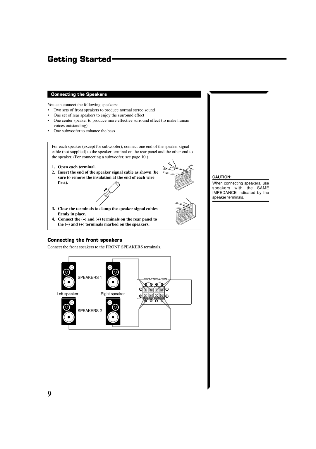 JVC RX-664VBK manual Getting Started, Connecting the front speakers, Connecting the Speakers 