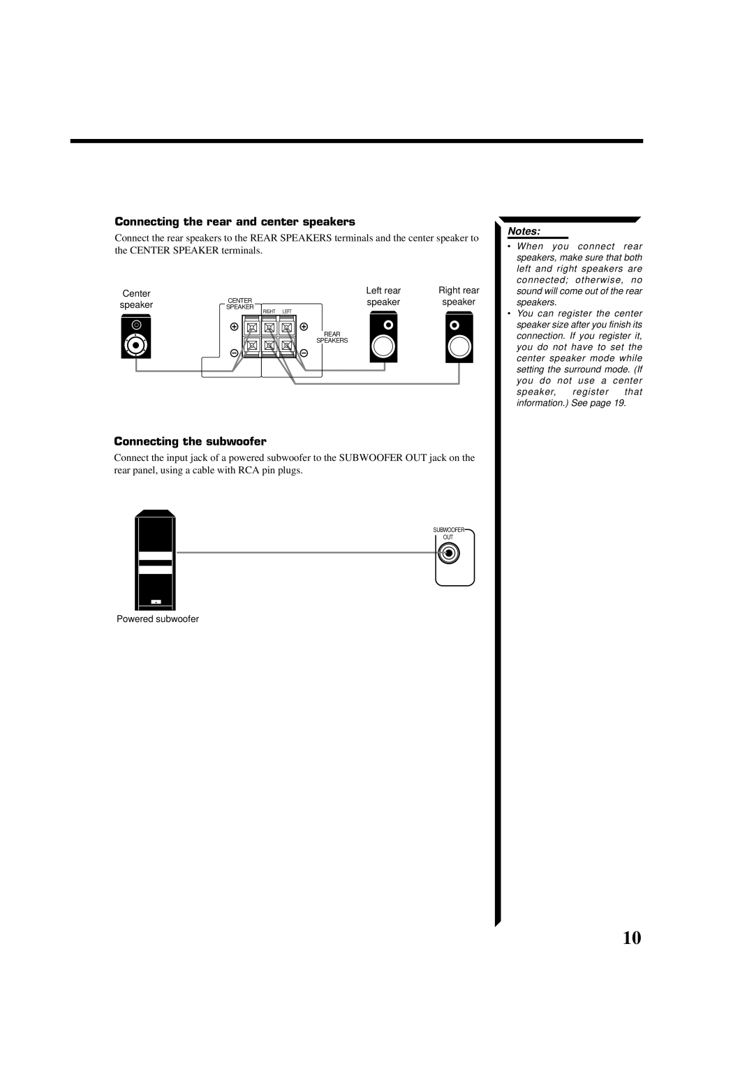 JVC RX-664VBK manual Connecting the rear and center speakers, Connecting the subwoofer 